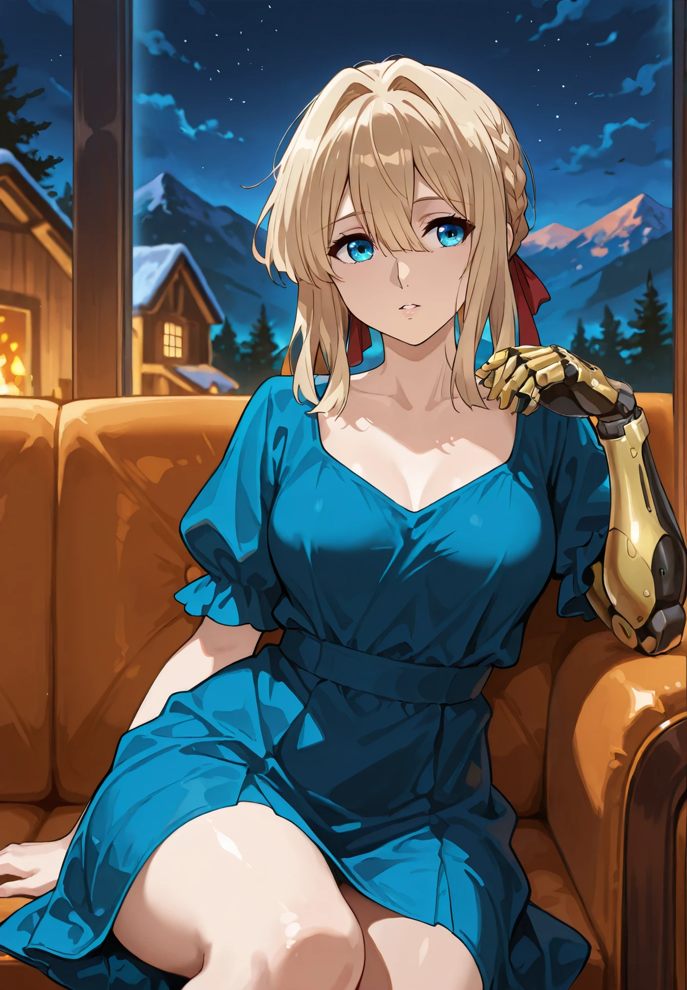 1girl, solo, violet evergarden, violet evergarden \(series\), sitting on a sofa, parted lips, mechanical arm, blue dress (short), mountain cabin, night time, sexy pose, alluring atmosphere, BREAK,masterpiece,top quality,warm color,high resolution,high fashion,absurdres extremely,vivid colors,intricate details,best quality,amazing quality,very aesthetic,newest,ultra-detailed, nsfw,