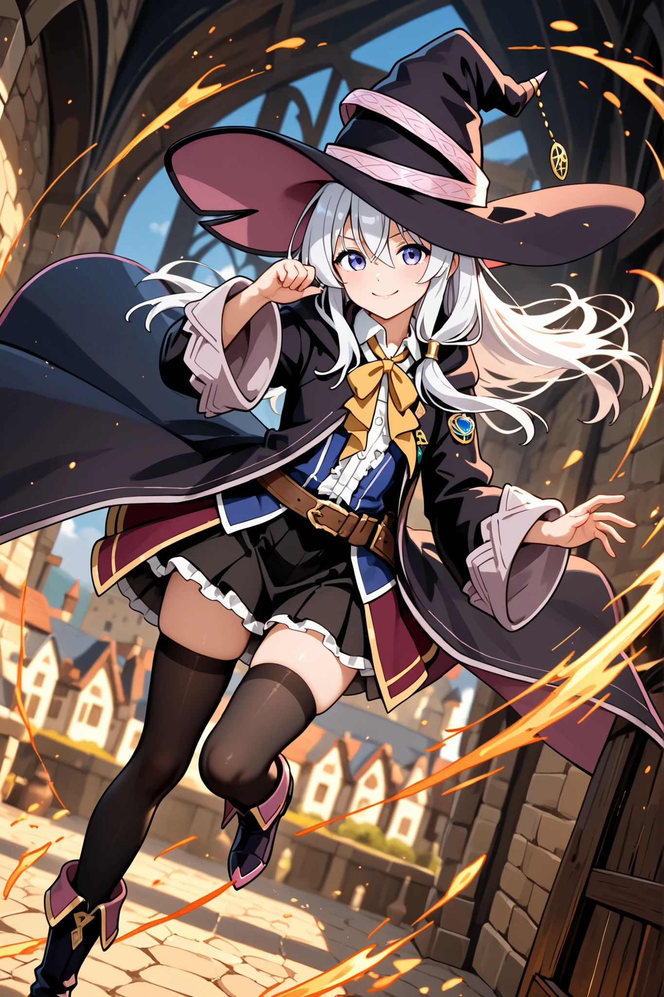 1girl, Elaina (Majo no Tabitabi), smile, dynamic pose, medieval fantasy world,