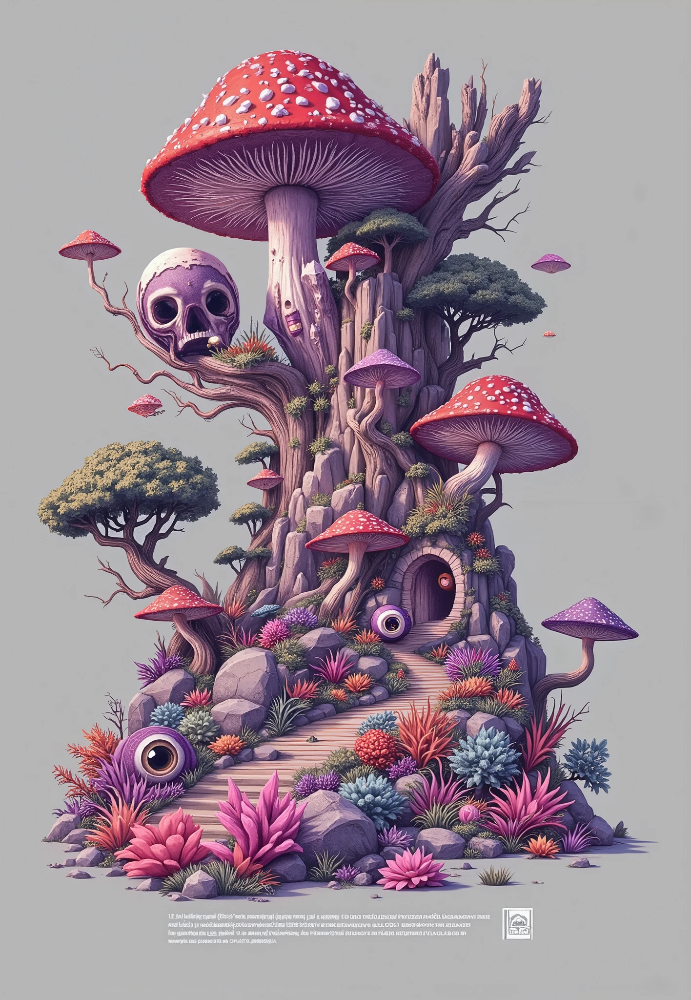(the best quality)), ((masterpiece)), (detailed), ((Detailed illustration)), Design for t-shirt, chopped view, a path surrounded by rocks, various kinds of giant fungi and giant human eyes (giant mushrooms and giant human eyes between rocks), (the rocks are shaped like rocky mountains, "pointy rocks"), (mushrooms and separate eyes, "Do not combine") (different species of fungi). the path crosses the entire composition from the bottom to the top, integrating naturally with the rocky environment (the lower part being the closest, the upper part the farthest). Intelligent Composition. intricate design, Illustration of mushrooms ""acid colors "", ((psychedelic colors)), (mushrooms with different colors). All elements in the format. ((Smooth light gray background)). ultra detailed, Filter illustration 50s panavision, grainy texture, (Serious image) (fancy, hiking)