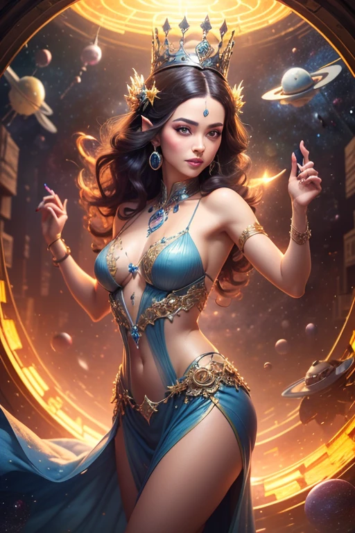 a vibrant and intricate digital portrait of a young (Southeast Asian woman:1.3) as an avatar, with a gentle, enigmatic smile and warm, inviting brown eyes, adorned with dramatic eyelashes and subtle freckles across the bridge of her nose, her long, dark hair cascading down her back in loose, flowing waves, against a soft, gradient background that shifts from deep blues to purples, with delicate, swirling patterns reminiscent of traditional batik designs, her slender, golden-brown skin glowing with a subtle, ethereal light, wearing a flowing, ornate outfit with intricate, colorful embroidery and beading, with a delicate, sparkling nose ring and dangling, ornate earrings, surrounded by lush, green foliage and wispy, cloud-like tendrils that evoke a sense of mysticism and wonder, thighs