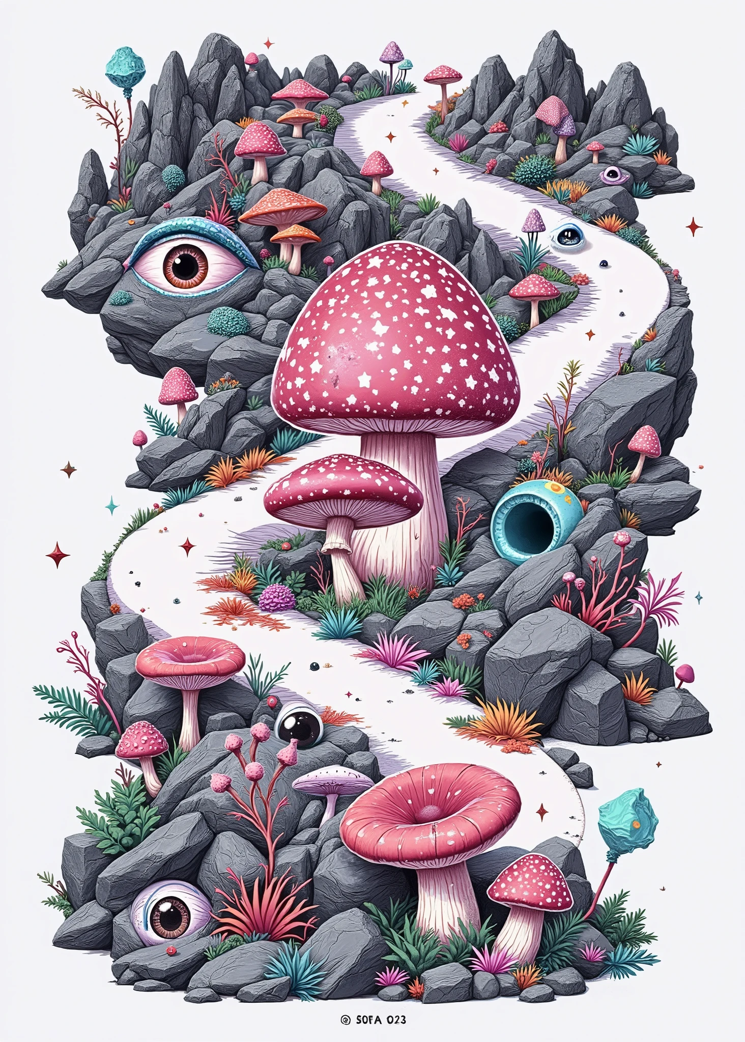 (the best quality)), ((masterpiece)), (detailed), ((Detailed illustration)), Design for t-shirt, chopped view, a path surrounded by rocks, various kinds of giant fungi and giant human eyes (giant mushrooms and giant human eyes between rocks), (the rocks are shaped like rocky mountains, "pointy rocks"), (mushrooms and separate eyes, "Do not combine") (different species of fungi). the path crosses the entire composition from the bottom to the top, integrating naturally with the rocky environment (the lower part being the closest, the upper part the farthest). Intelligent Composition. intricate design, Illustration of mushrooms ""acid colors "", ((psychedelic colors)), (mushrooms with different colors). All elements in the format. ((Smooth light gray background)). ultra detailed, Filter illustration 50s panavision, grainy texture, (Serious image) (fancy, hiking)