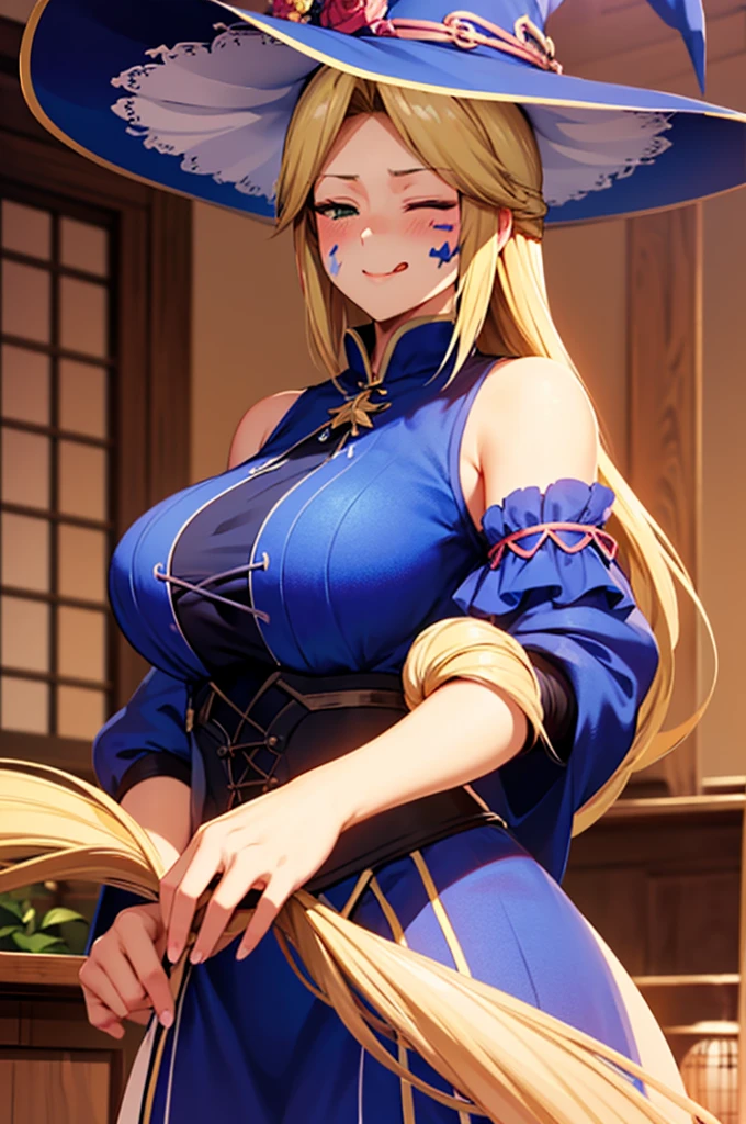 (( straight face picture )) ((best quality)),  ((Masterpiece)), (details), Young woman , yellow hair , Dirt. , blue eyes ,Blue purple set, Gold pattern, wearing a big brimmed hat , Magician , The dress is very beautiful. ,long dress ,big breasts ,Big butt