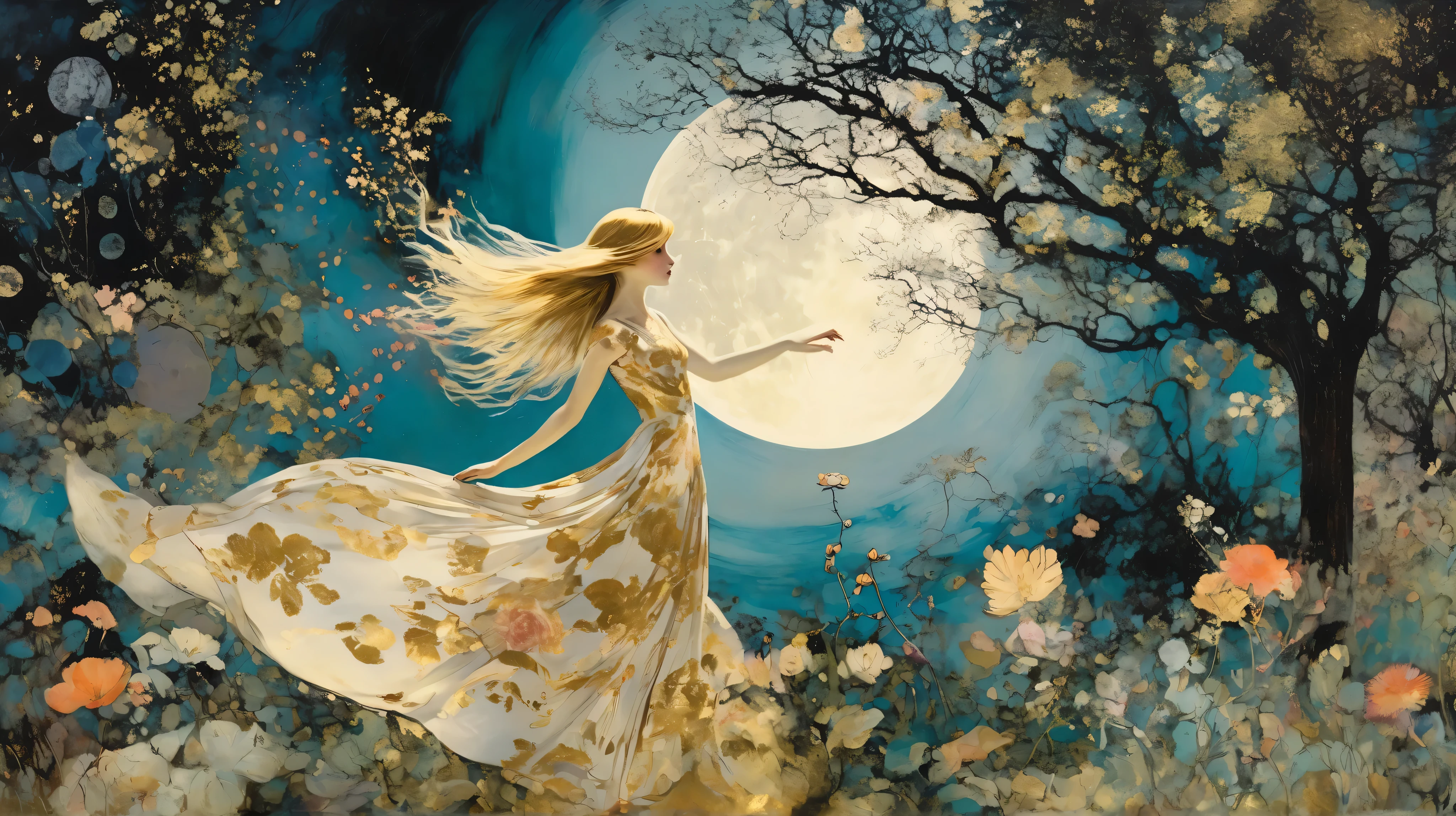 layered, an ethereal girl dancing in a garden, whimsy mood, moody colors by Georges Clairin, background surreal garden and a big tree, floral motif, night with a big moon by Gerald Scarfe with pattern, gold leaf details.