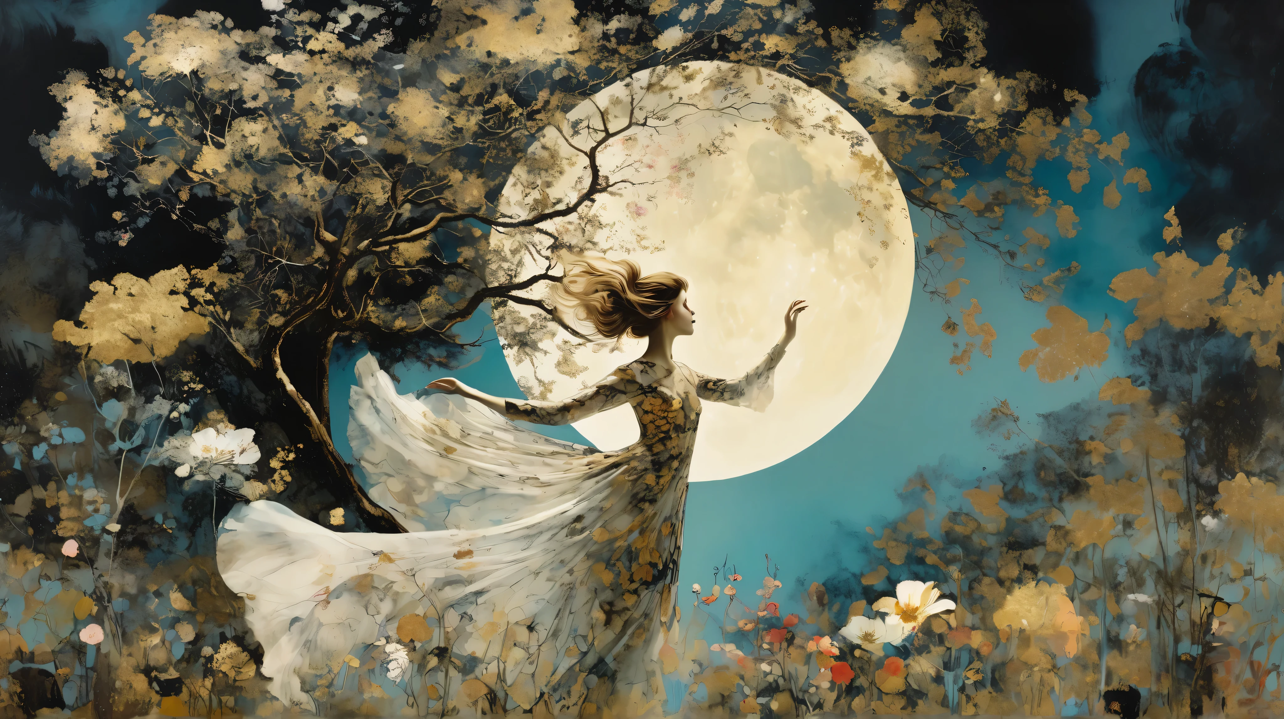 layered, an ethereal girl dancing in a garden, whimsy mood, moody colors by Georges Clairin, background surreal garden and a big tree, floral motif, night with a big moon by Gerald Scarfe with pattern, gold leaf details.