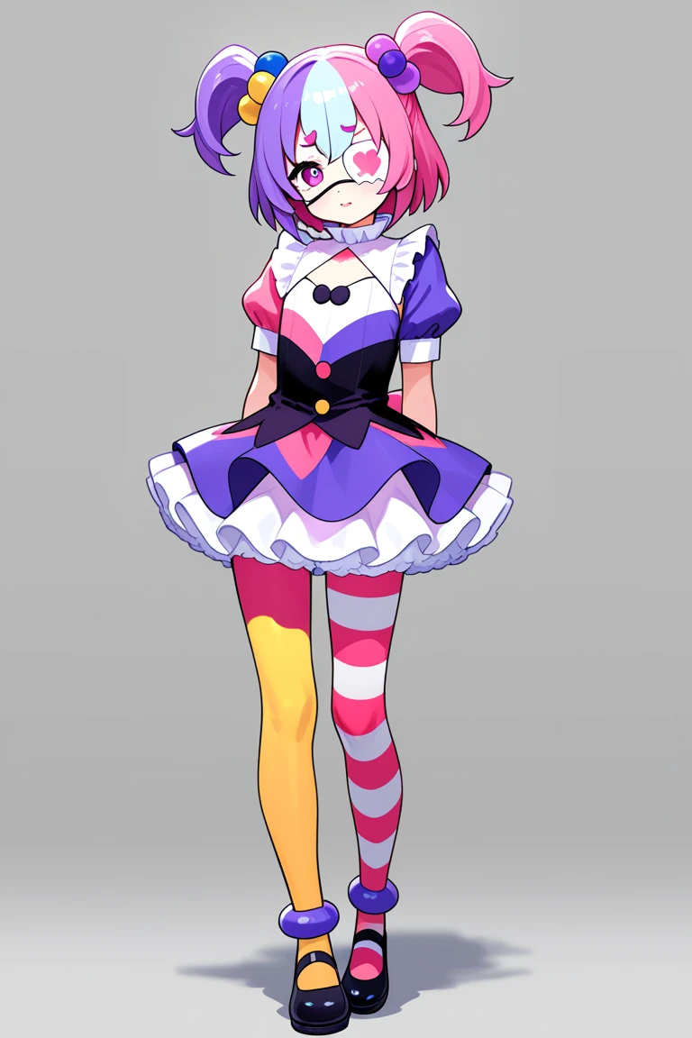 Short stack, clown girl, cute clown, cutesy, flat chested, very skinny upper body, big thighs, big waist, clown outfit, cutecore clowncore, purple eyes, pale white skin, short, jester hat, pink outfit.