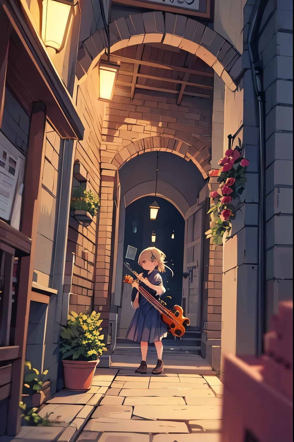 A violinist plays under a stone archway, the notes echoing through the alley. Describe the reactions of passersby and the story behind the song.