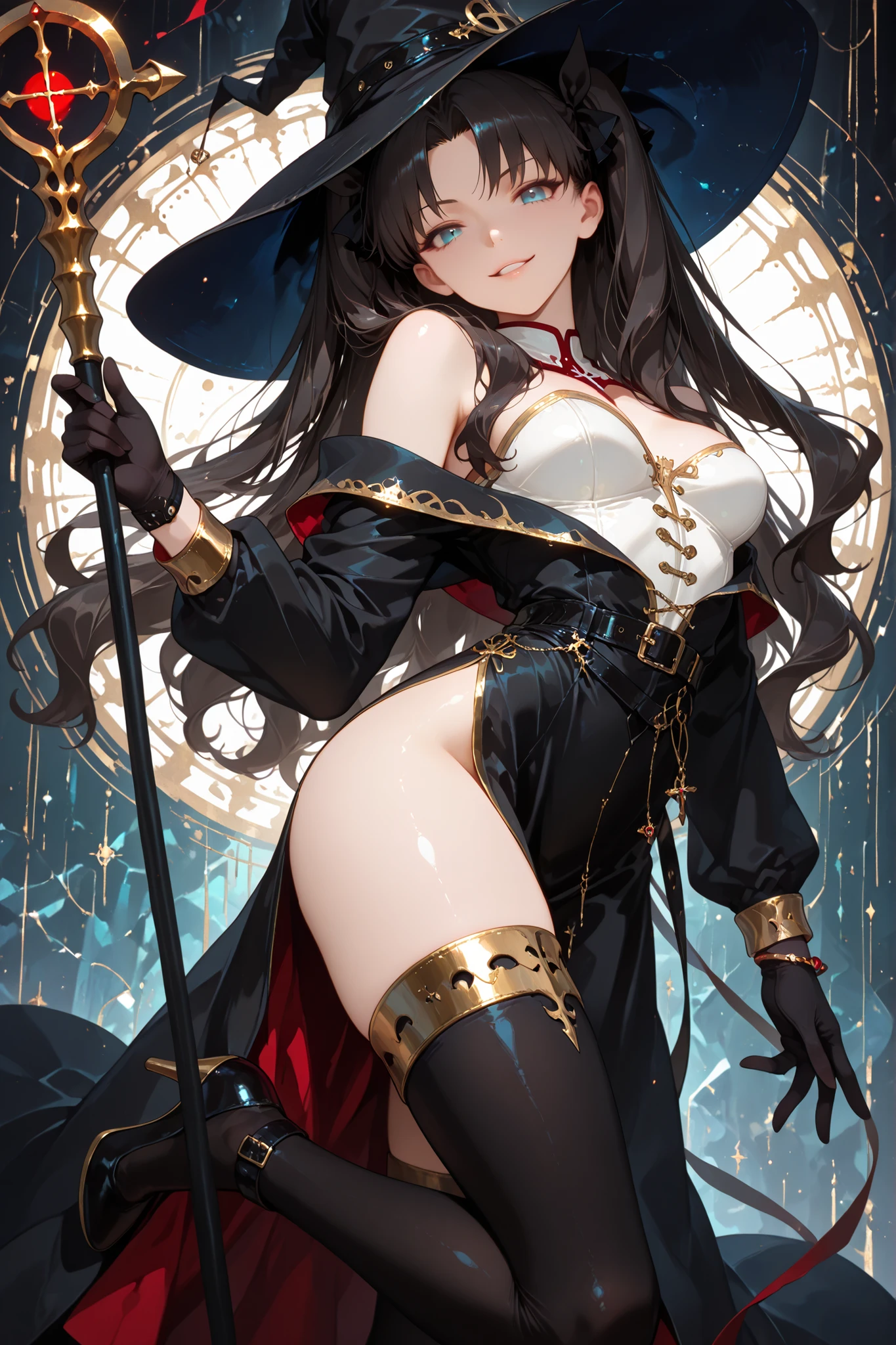 1girl, Tohsaka Rin, black hair, long hair, blue eyes, two side up, bangs, hair ribbon, parted bangs, medium breasts, black hair ribbon, bare shoulders, black belts, black dress, black gloves, off shoulder dress, high heels, long sleeves, side slit, witch hat, gold trim, gold trimmed thigh highs, strapless, bracelets, white bustier, good anatomy, standing, abstract background, looking at the viewer, detailed hands with five fingers, holding a witch's staff, naughty smile, attractive, seductive, dynamic angle, dynamic pose, parted lips, smirk, close up, provocative, top quality, masterpiece, ultra detailed, very aesthetic