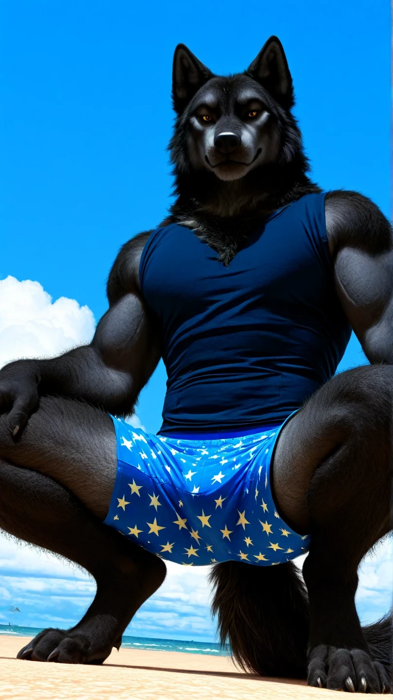 Male black wolf  anthropomorphic macho, hairy, anthropomorphic, , from below, vista frontal,  looking down, sleeveless white lycra t-shirt with star print, blue lycra shorts, clawed hands, clawed feet,  in front, viewer view, hairy,    black wolf skin   , wolf tail ,amber eyes, relaxed gaze, on the beach, sunny day,    Sky Blue    , white clouds, without humans,  relaxed environment, postura from below, piernas separadas, seductive pose , crouching, while crouching, muscular body