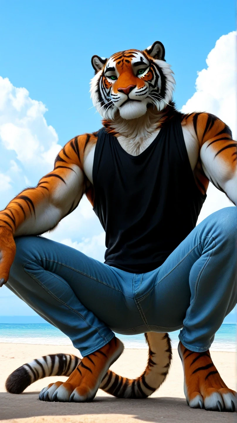 Male tigre de bengala Anthropomorphic macho, hairy, Anthropomorphic, , from below, front view,  looking down, sleeveless blue lycra t-shirt , skinny jeans, clawed hands, clawed feet,  in front, viewer view, furry,   striped tiger fur  , tiger tail ,emerald eyes, relaxed gaze, on the beach, sunny day,   Sky Blue   , white clouds, without humans,  relaxed environment, postura from below, piernas separadas, seductive pose , squatting, while squatting, muscular body