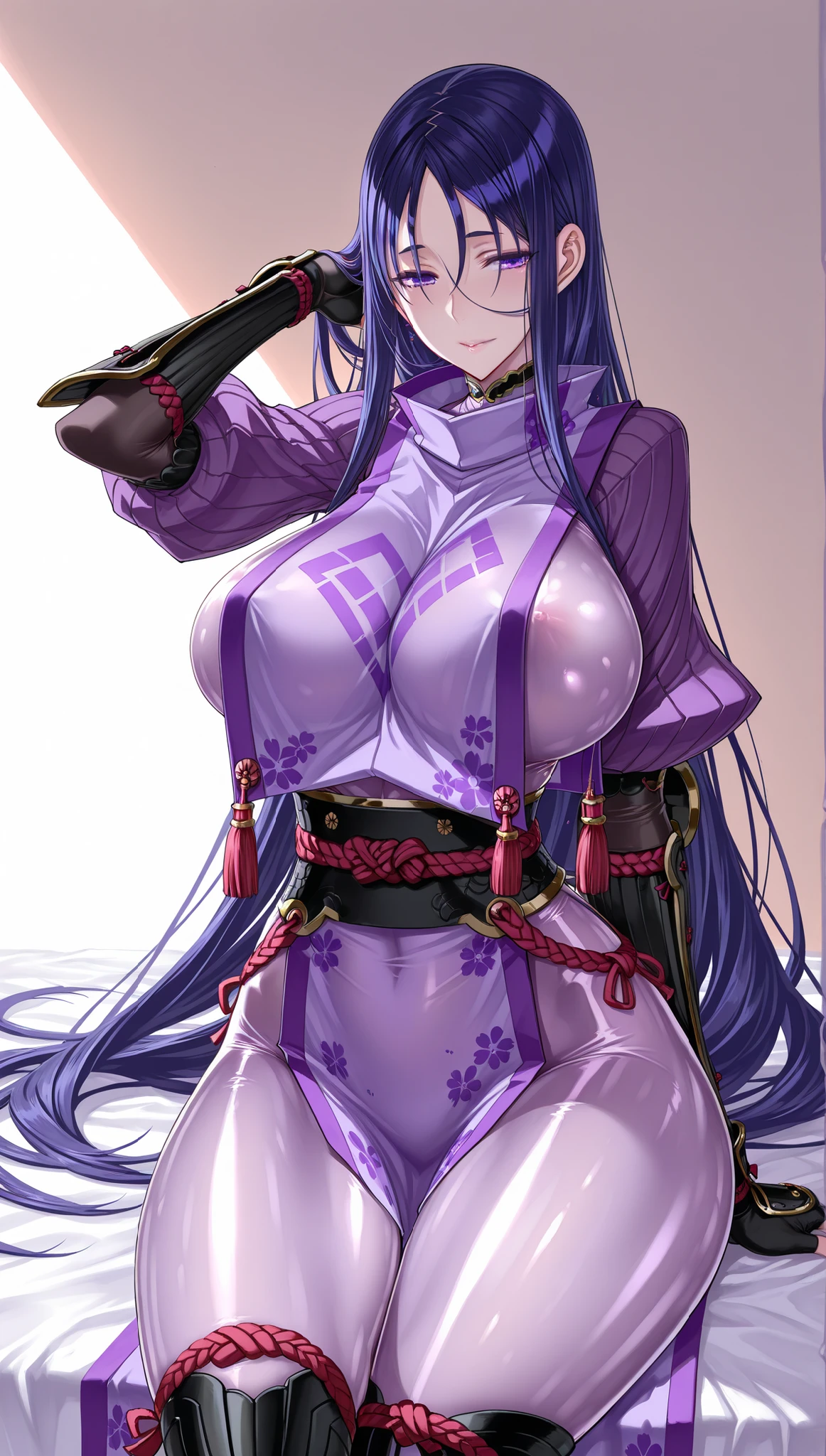solo,masterpiece,best quality,super fine illustration、finely detail 、clear picture、UHD、HDR, amazing quality, highres, absurdres, very aesthetic, high resolution, ultra detailed, perfect details,(masterpiece, detailed:1.2)、long hair, purple hair, parted bangs, purple eyes, japanese armor, tabard, tassel, purple , ribbed sleeves, arm guards, kote, black gloves, fingerless gloves, rope, loincloth, large breasts,mature female,raita,lie on own back