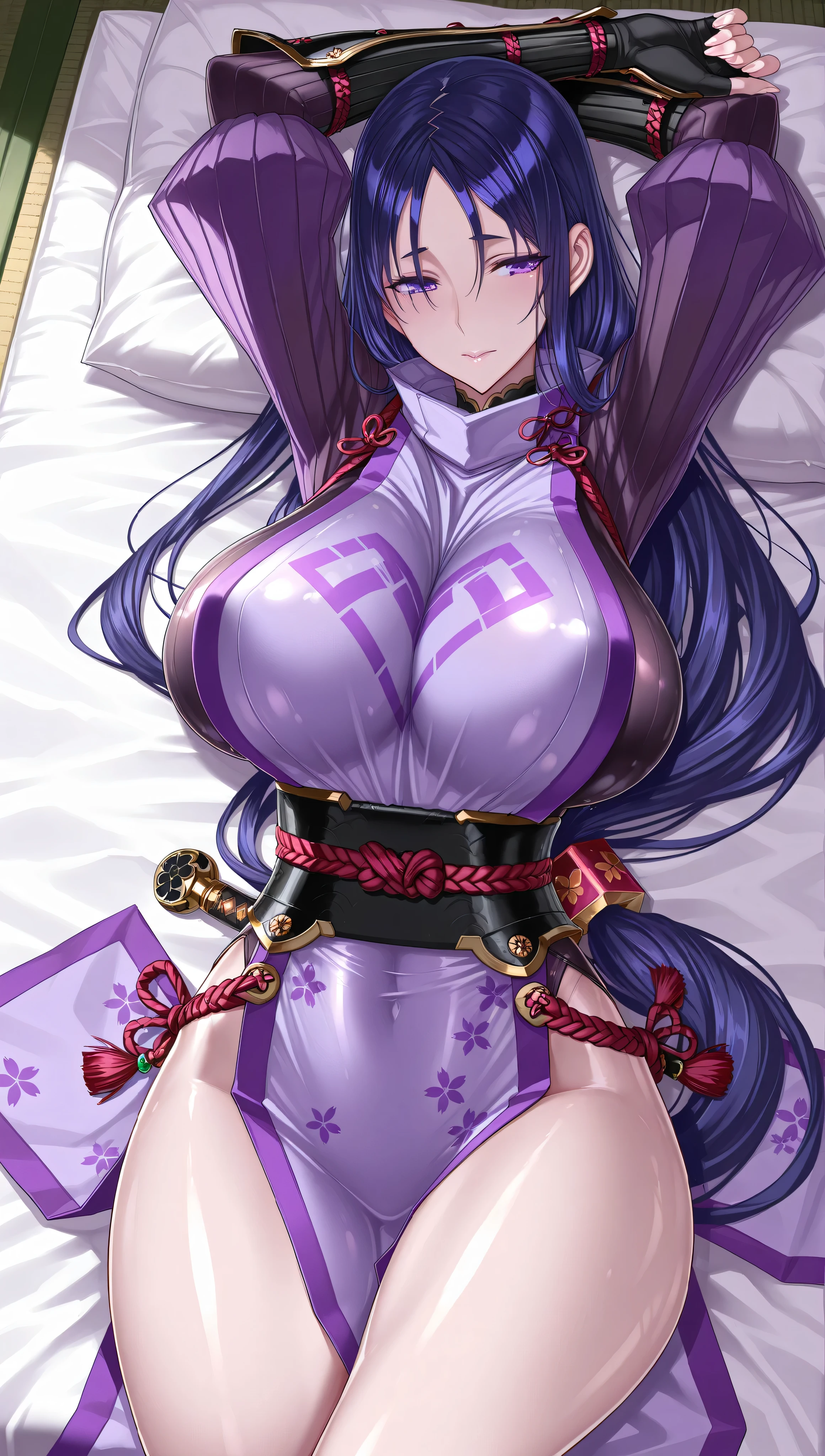 masterpiece, best quality, beautiful art, high resolution, well formed hands, body and fingers, 1 woman, solo, Raiden Shogun, grown up, adult, big breasted, cleavage, full body, hair ribbon , cosplaying as Mai Shiranui, gorgeous hips, legs and thighs, ryona , in peril, she is being beaten up by her opponent, she is knocked down and she is slapped in the face and being slammed against the floor, receiving the impact of her opponent's attacks, closed eyes, screaming in pain and agony, ryona and perilous scene, bouncing breasts, weak and helpless, martial arts tournament on the beach
