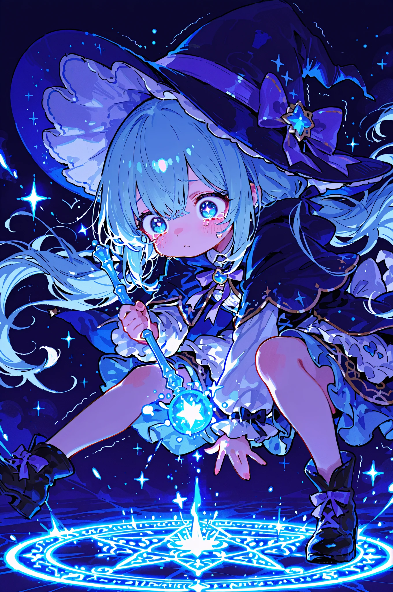 748cmstyle,Cute,best quality, ultra high resolution, masterpiece, a cute little witch wearing a light blue witch outfit decorated with lavender-pink satin ribbons. Her hat is tilted crookedly, her big round eyes wide open with an exaggerated terrified expression, tears rolling down like pearls. She holds a trembling star-shaped magic wand tightly above her head, the tip bursting uncontrollably with dazzling pink heart-shaped sparks. Delicious cakes and cookies scatter and float in the air, surrounded by colorful magical halos and sparkling starlight effects. Her round cheeks glisten with tears, her big watery eyes opened wide, her mouth slightly agape in shock. The witch hat looks about to fall off, the wand shaking in her grip. On the ground below, a huge glowing magic circle radiates, making the whole scene filled with comedic effect.