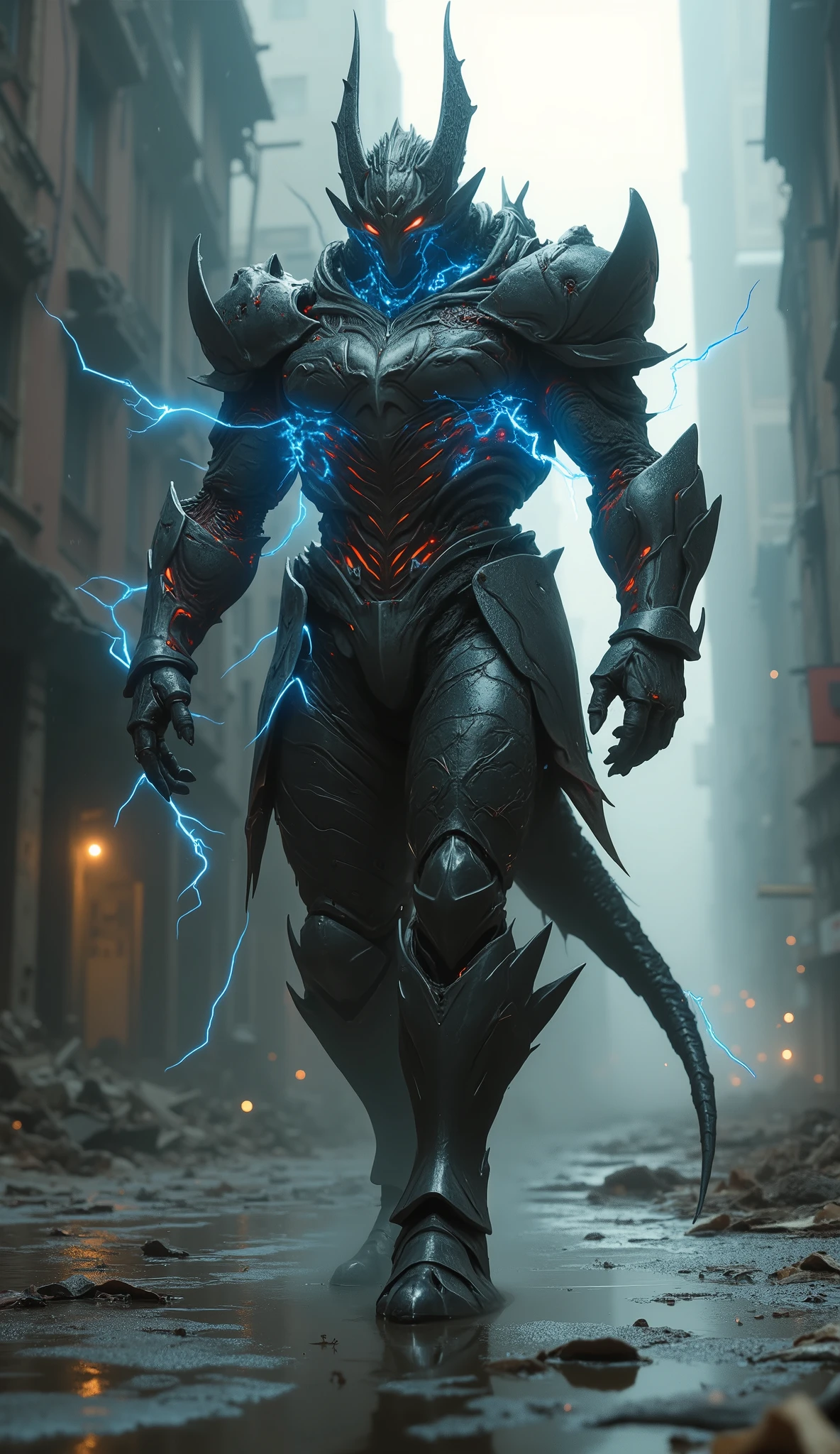 A cinematic, hyper-detailed 8K masterpiece of a formidable warrior encased in symbiotic, dragon-inspired biomechanical combat armor. The suit is a breathtaking fusion of polished obsidian chrome and bio-organic, chitinous plates, with a visible network of pulsating crimson data-streams beneath a semi-translucent carapace. Its design features aggressive, razor-sharp angles and a powerful, domineering silhouette echoing a mythical wyvern.
The warrior patrols cautiously through the skeletal ruins of a rain-slicked, war-torn city street, littered with debris and the husks of skyscrapers. Arcs of raw, blue electrical energy crackle violently across the armor's surface, surrounded by a shimmering halo of floating energy particles that illuminate the falling ash and embers.
The scene is captured in a dramatic, dynamic low-angle shot, emphasizing the warrior's epic scale. Volumetric god-rays pierce the thick, smoggy atmosphere, creating an oppressive, tense, and solemn mood. The lighting is dramatic and cinematic, casting deep shadows and highlighting the ultra-detailed textures of the armor against the wet, reflective pavement. The warrior's form is anatomically perfect, with flawlessly rendered hands, each with five fingers. Epic, professional photography, award-winning cinematography.