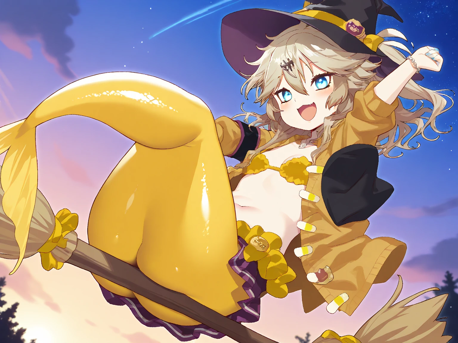 Best Quality, masutepiece, Ultra-detailed high resolution, 8K, kawaii, kirisame marisa, Spread your legs and show your , petite and short body, glowing yellow eyes, child, Voluptuous thighs, Witch Hat, Troubled face, fullnude, chubby,