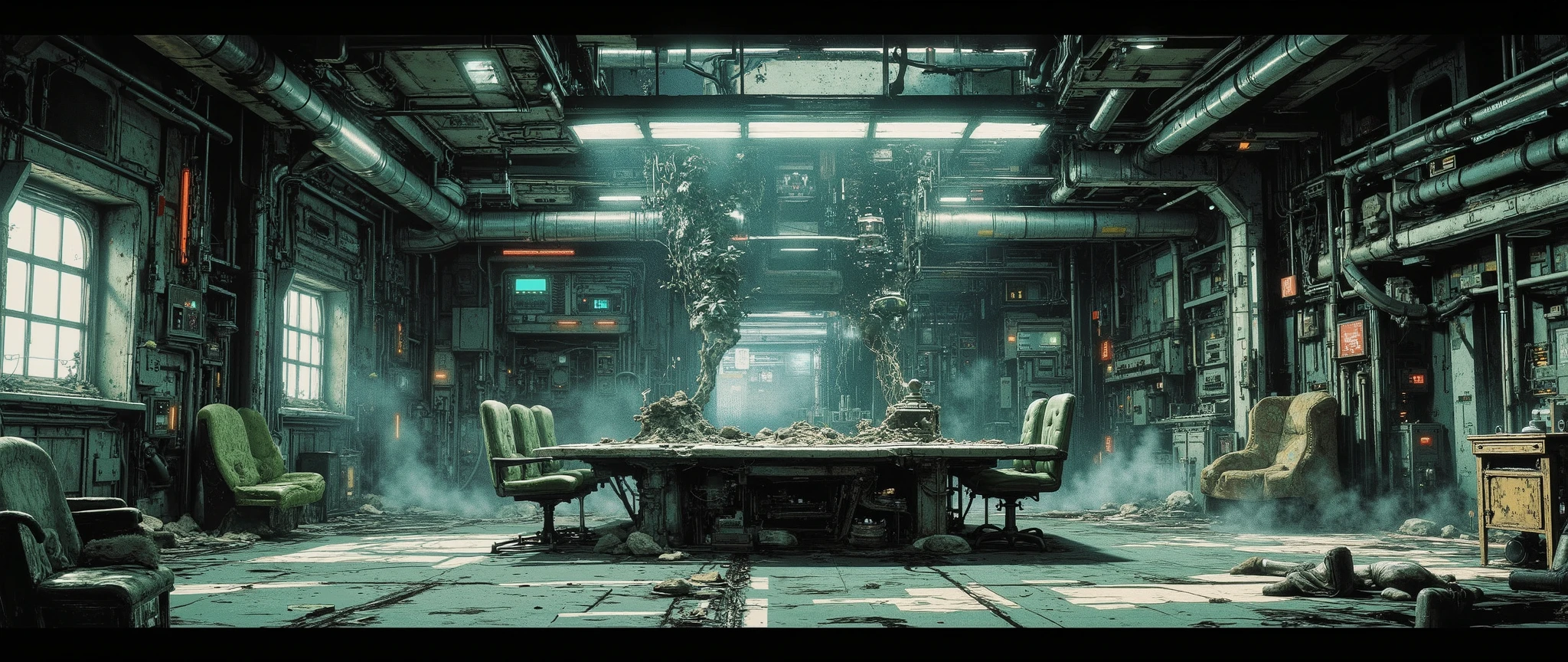 A masterpiece, a retro-futuristic communal kitchen, spacious and spacious, with a metal floor and high ceilings. The room is enclosed with only one window on the right side, worn sofas scattered about, a large table in the center, old holographic projectors, and pipes running along the walls. Dust particles float in the dim light. Metallic walls. Around the coffee table, six chairs are scattered unevenly. 90s anime style, cel-shading, dramatic shadows, retro sci-fi gothic vibe, inspired by "Vampire Hunter D" and "Blame!". 32k, high resolution, dark theme, somber atmosphere.