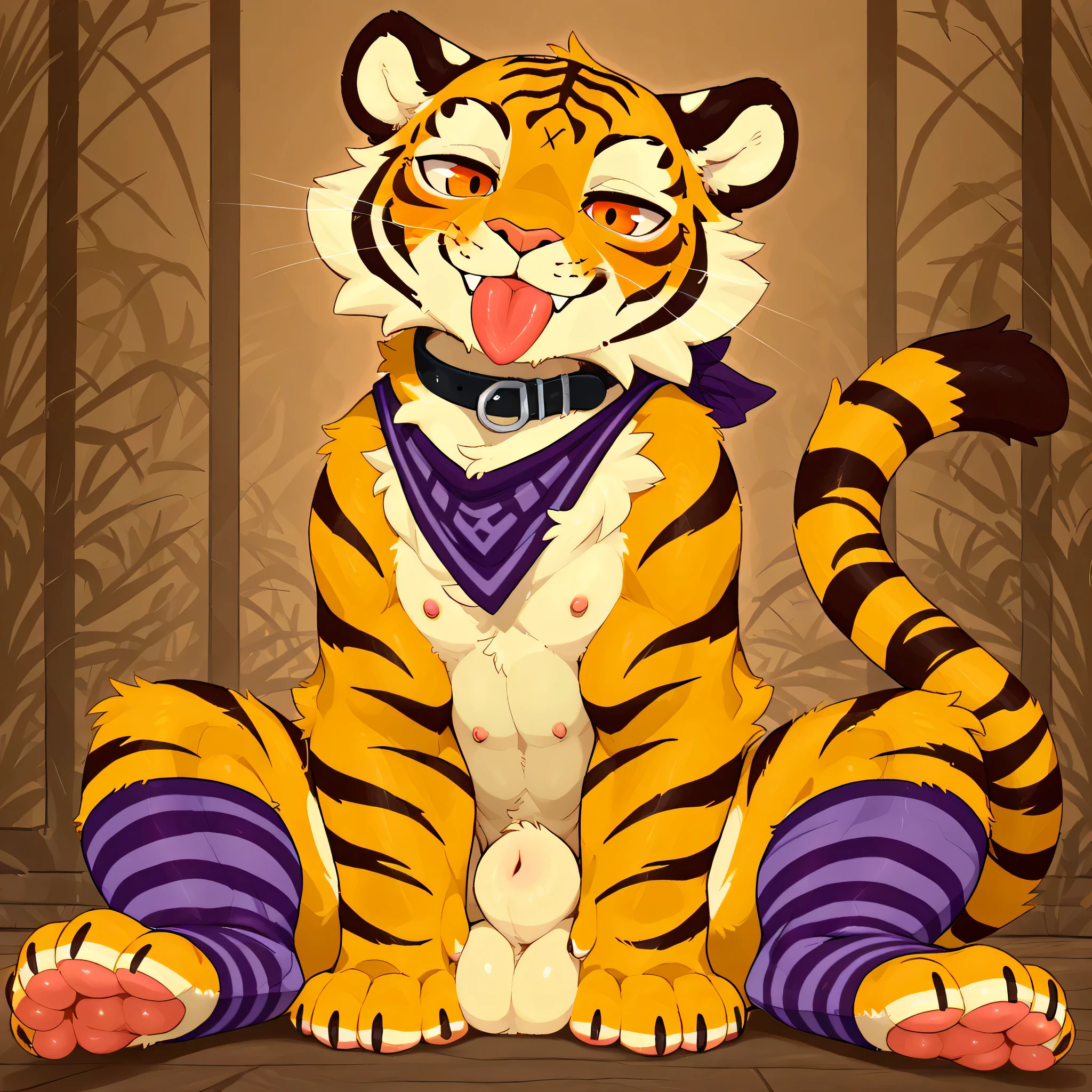 Male, solo, tiger, feral, cute, balls, sheath, orange eyes, chest tuft, balls tuft, neck tuft, tongue out, chest cloth, 6 nipples, paws, 4 toes, front view, sitting, seductive, purple clothes, collar, legwear, golden fur, masterpiece, best quality, amazing quality, very aesthetic, high resolution, ultra-detailed, absurdres, newest, backsash