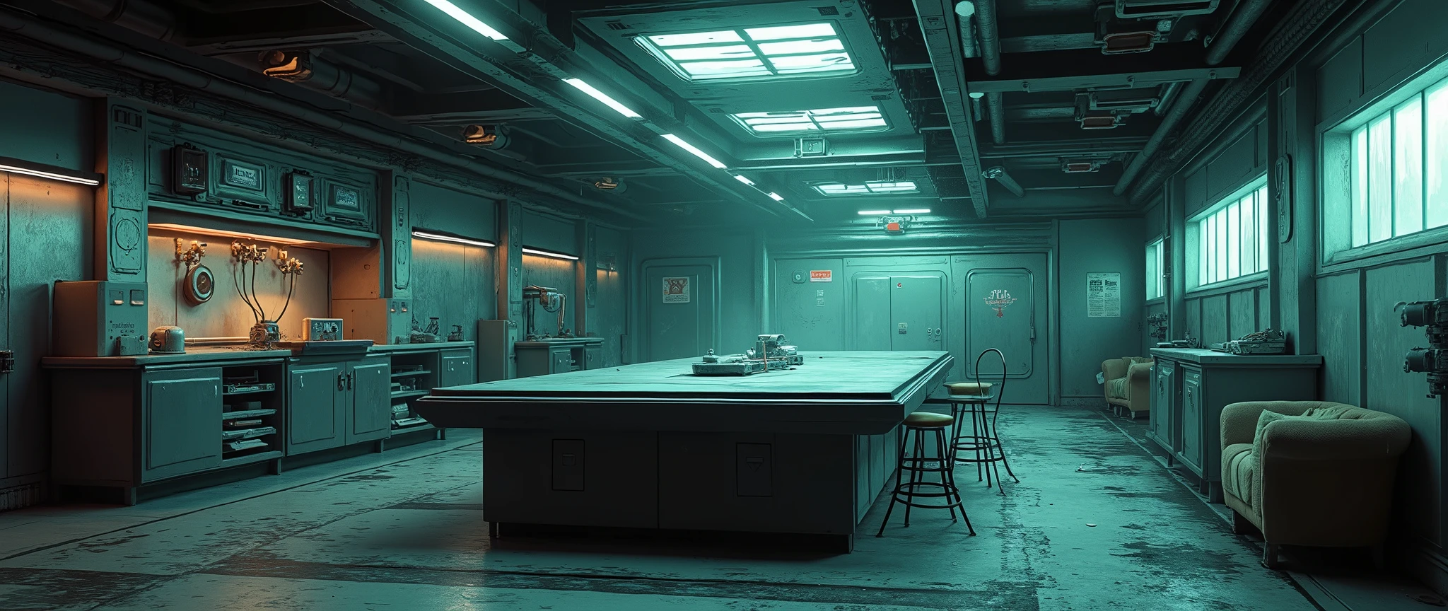 A masterpiece, a retro-futuristic communal kitchen, spacious and spacious, with a metal floor and high ceilings. The room is enclosed with only one window on the right side, worn sofas scattered about, a large table in the center, old holographic projectors, and pipes running along the walls. Dust particles float in the dim light. Metallic walls. Around the coffee table, six chairs are scattered unevenly. 90s anime style, cel-shading, dramatic shadows, retro sci-fi gothic vibe, inspired by "Vampire Hunter D" and "Blame!". 32k, high resolution, dark theme, somber atmosphere.