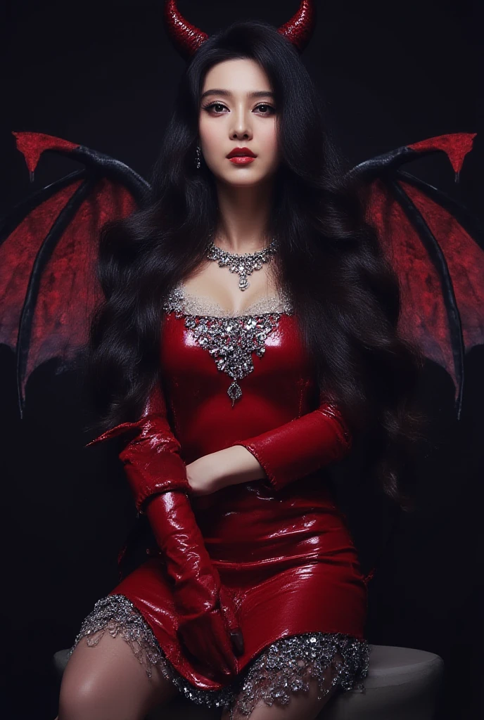 
A girl with big wavy silver hair，Goat horns on head，Fangs，no hands，Hands are colorful wings，The lower body is colorful and slender with a long fin-filled mermaid tail.，melancholy，dark，blood，crazy，Aesthetic，Completely naked，whole body，krakens，laughing out loud，blood沐浴whole body，Bright red，gills，Satan