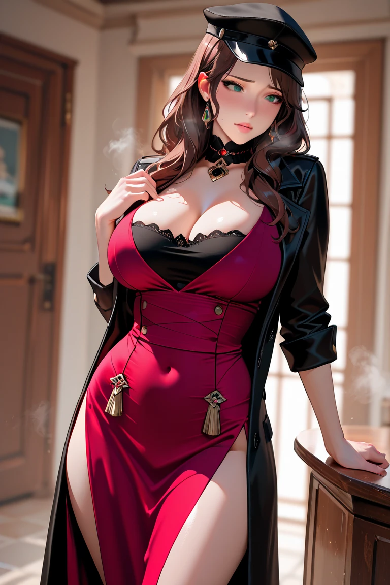 (obra maestra, Mejor calidad, high resolution,8K), 1 mujer hermosa, maduro、((rubor))、((vestido rosa ajustado de rejilla)), (Medias de malla rojas), (pechos enormes), culo enorme, muslos, Curva