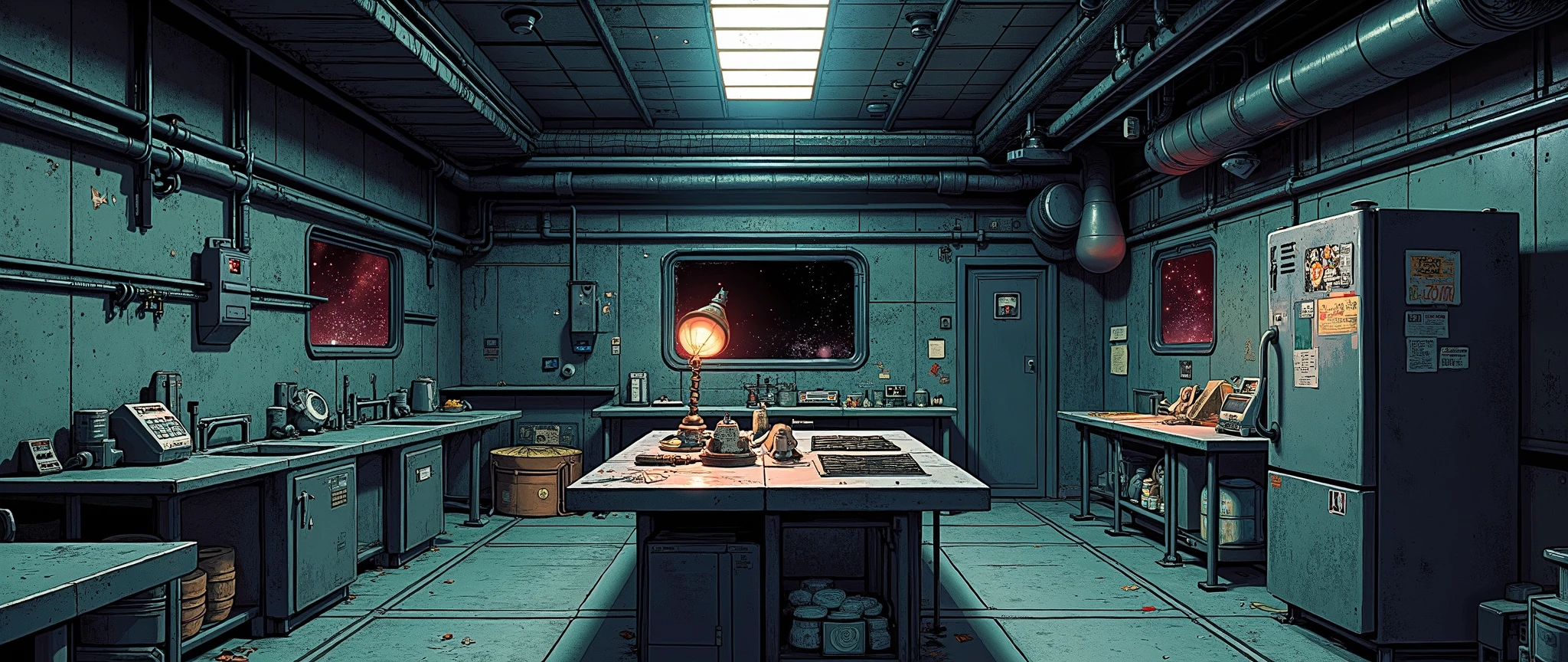 [[Background for anime]] A masterpiece, modern anime background inspired by 'Blame' and 'Vampire Hunter D Bloodlust'. A communal kitchen of a spaceship, spacious and spacious, with a metal floor. [[Low angle]] The environment is closed, with only one window to the right, the window reveals dark outer space. A large table in the center, a cozy and improvised kitchen with a sink, a small refrigerator with stickers stuck on it, on the table a retro lamp, retro style, spaceship kitchen. Old holographic projectors and pipes running along the walls. Dust particles float in the dim light. Metallic walls. 90s anime style, cel-shading, dramatic shadows, sci-fi vibe, inspired by "Vampire Hunter D" and "Blame!". 32k, high resolution, dark theme, gloomy atmosphere.