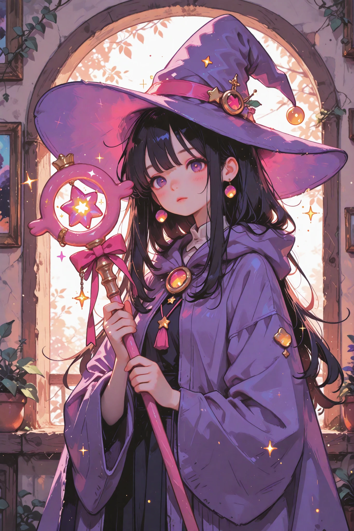 Masterpiece, newest, absurdres, best quality, amazing quality, very aesthetic, ultra-detailed, highly detailed, sweetheart witch, cute, holding magical staff, magical effect, japanese anime, detailed character portrait, beautiful young woman with pale skin, long dark hair, wearing a witch's hat and cloak, holding a glowing magical staff, mystical energy emanating from the staff, magical sparkles and effects surrounding the character, intricate anime-inspired art style, soft lighting, warm color palette, high quality, ultra-detailed, masterpiece, 8k, photorealistic, professional digital painting