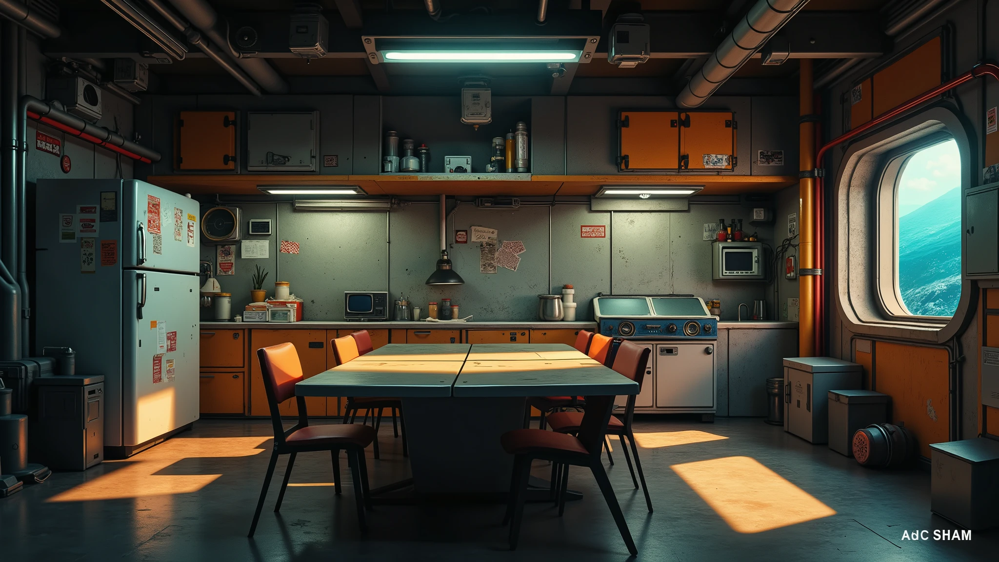 [[Background for anime]] A masterpiece, modern anime background inspired by 'Blame' and 'Vampire Hunter D Bloodlust'. A communal kitchen of a spaceship, spacious and spacious, with a metal floor. [[Low angle]] The environment is closed, with only one window to the right, the window reveals dark outer space. A large table in the center, a cozy and improvised kitchen with a sink, a small refrigerator with stickers stuck on it, on the table a retro lamp, retro style, spaceship kitchen. Old holographic projectors and pipes running along the walls. Dust particles float in the dim light. Metallic walls. 90s anime style, cel-shading, dramatic shadows, sci-fi vibe, inspired by "Vampire Hunter D" and "Blame!". 32k, high resolution, dark theme, gloomy atmosphere.