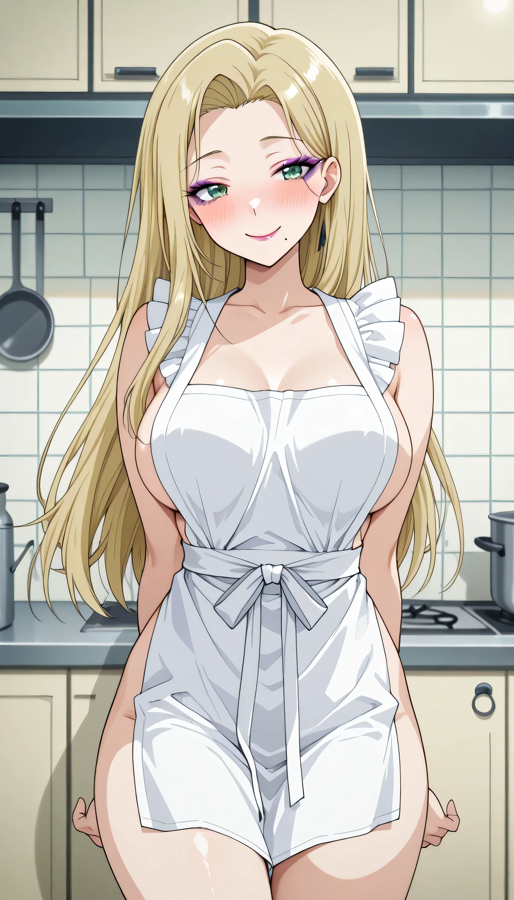 <lora:SuHyun_SSG:1> suhyundef, blonde hair, purple eyes, long hair, looking at viewer,
standing, upper body, white apron, standing, thighs, solo, breasts, naked apron, 1girl, bare shoulders, arms behind back, facing viewer, collarbone, apron, large breasts,
masterpiece, best quality,