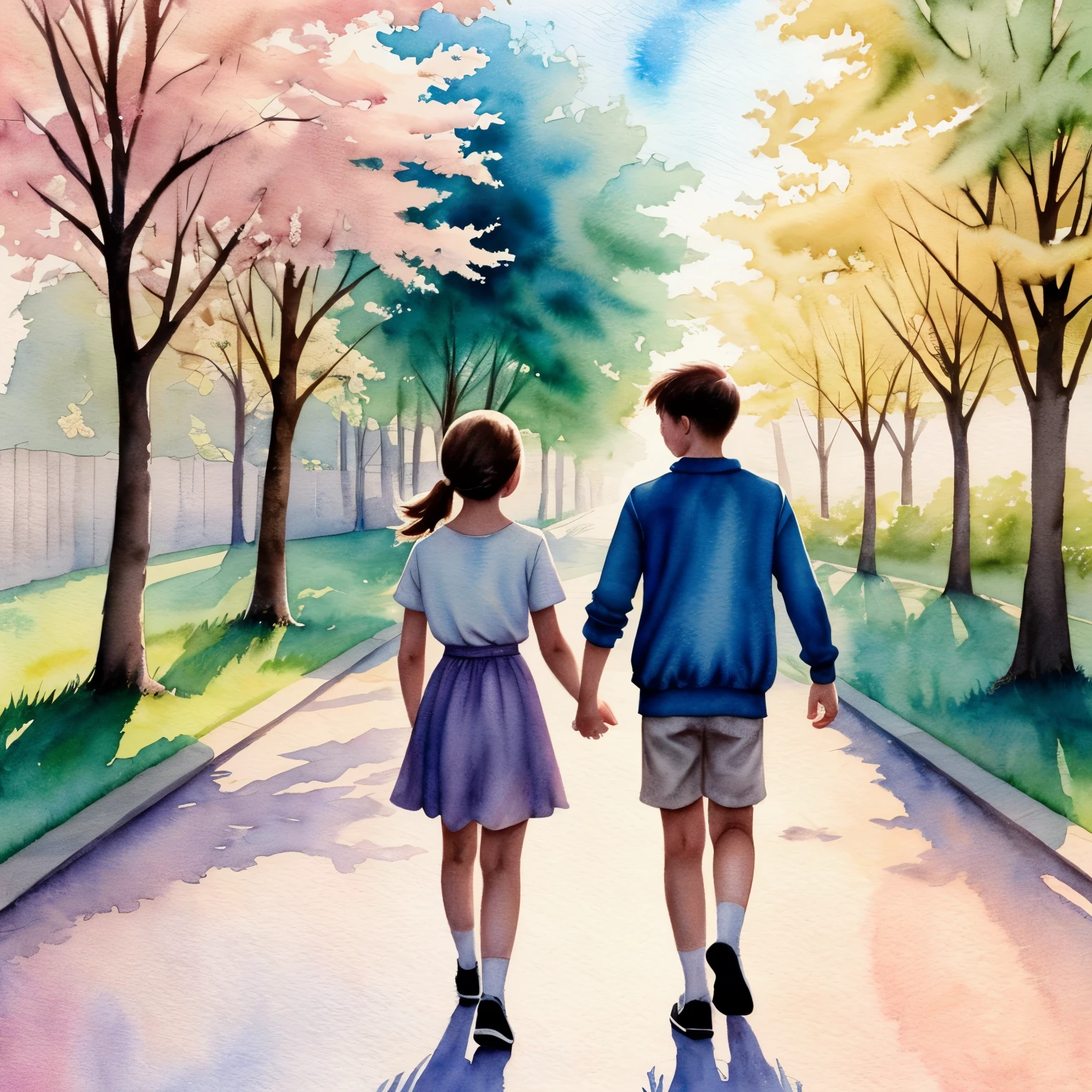 A soft, nostalgic illustration of a boy and girl walking together on a sunny morning street, warm pastel colors, gentle lighting, cinematic mood, no text, silhouettes of youth, watercolor style