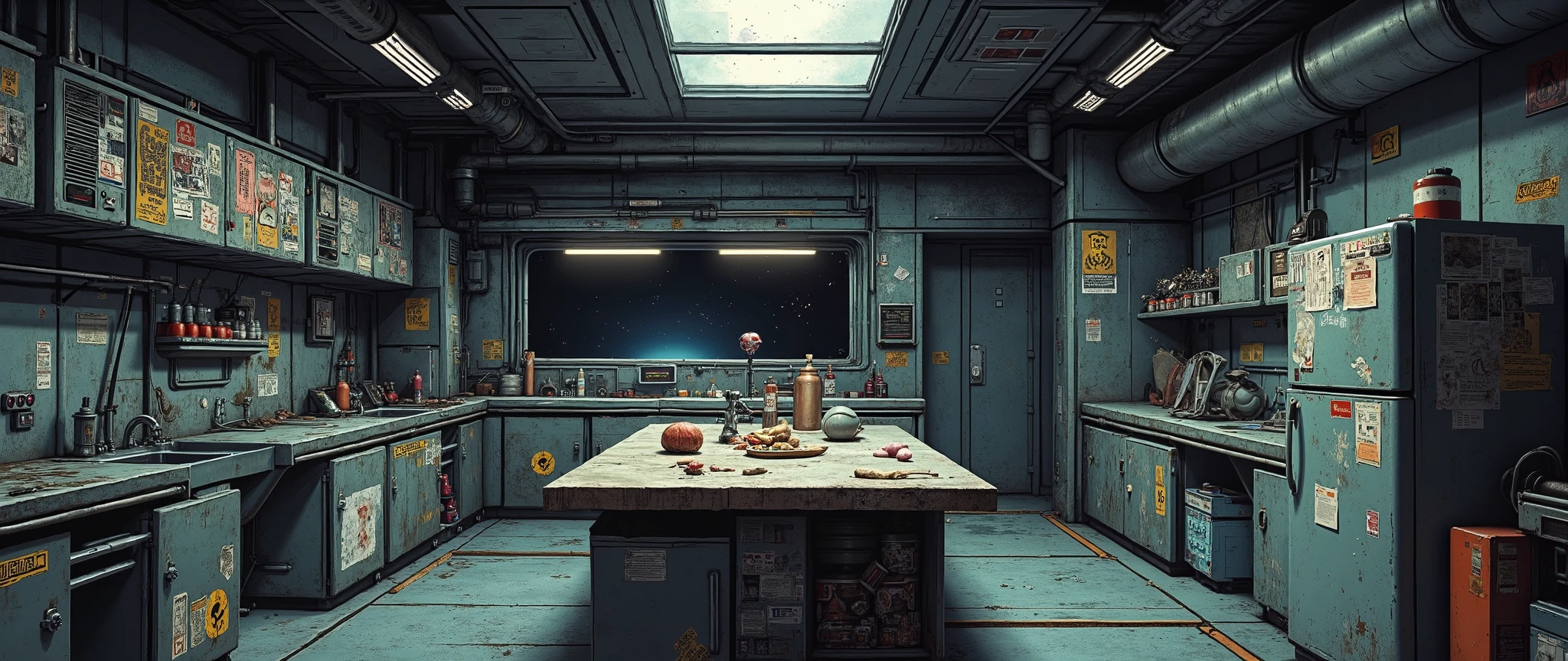 [[Background for anime]] A masterpiece, modern anime background inspired by 'Blame' and 'Vampire Hunter D Bloodlust'. A communal kitchen of a spaceship, spacious and spacious, with a metal floor. [[Low angle]] The environment is closed, with only one window on the right, the window reveals dark outer space. A large table in the center, a cozy and improvised kitchen with a sink, a small refrigerator with stickers stuck on it, retro style, spaceship kitchen. Old holographic projectors and pipes running along the walls. Dust particles float in the dim light. Metallic walls. 90s anime style, cel-shading, dramatic shadows, sci-fi vibe, inspired by "Vampire Hunter D" and "Blame!". 32k, high resolution, dark theme, gloomy atmosphere.