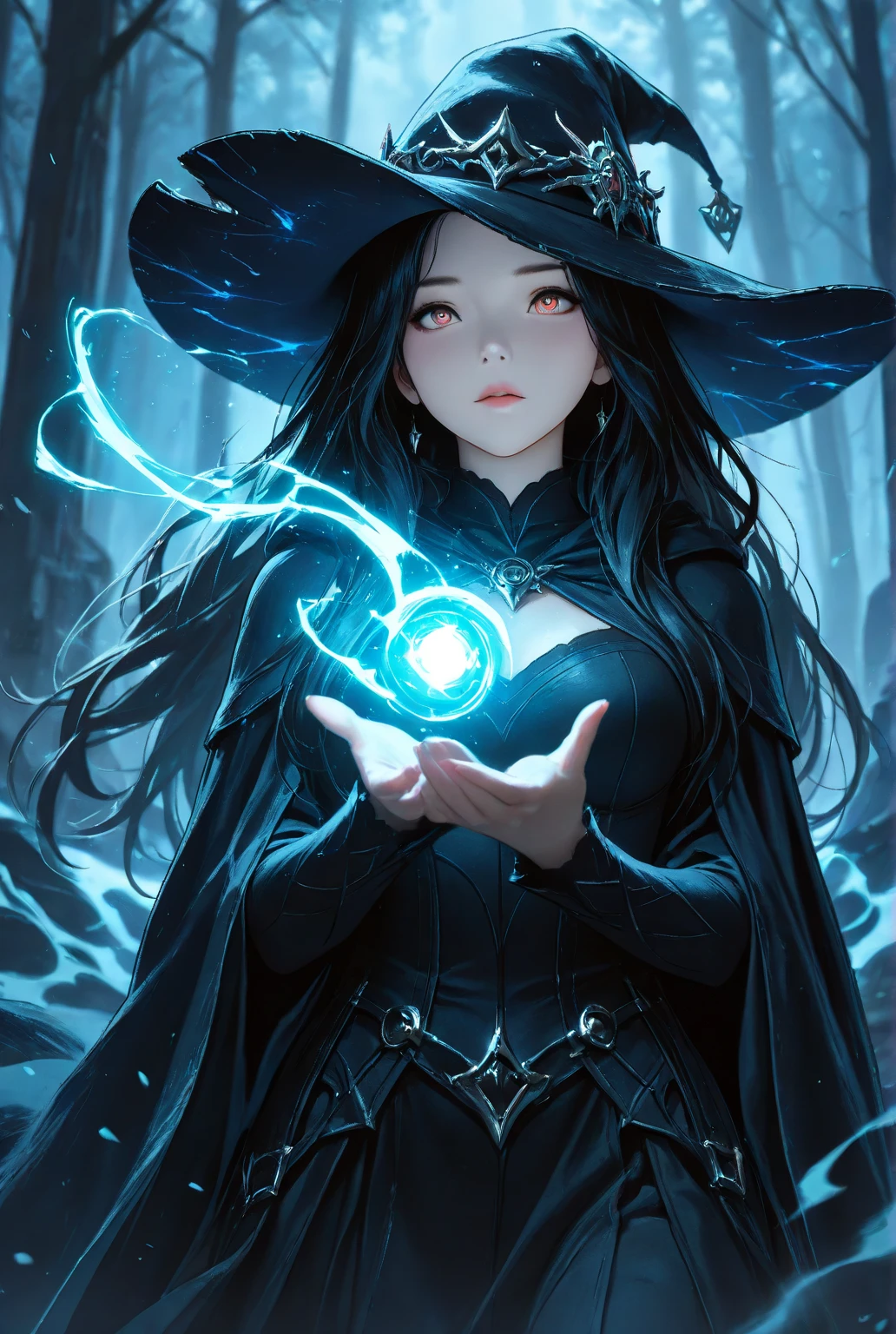 Sexy beautiful woman with a perfectly proportioned face, realistic facial expression, long black hair, light blue eyes, pale skin, wearing a black robe with intricate decorations, witch, confident expression (dynamic Angle, dazzling blue eyes, delicate necklace, charming smile), (magic mystical background, fireflies, glowing particles, ethereal fog, faint darkness), high saturation, movie light, edge light, best shadow