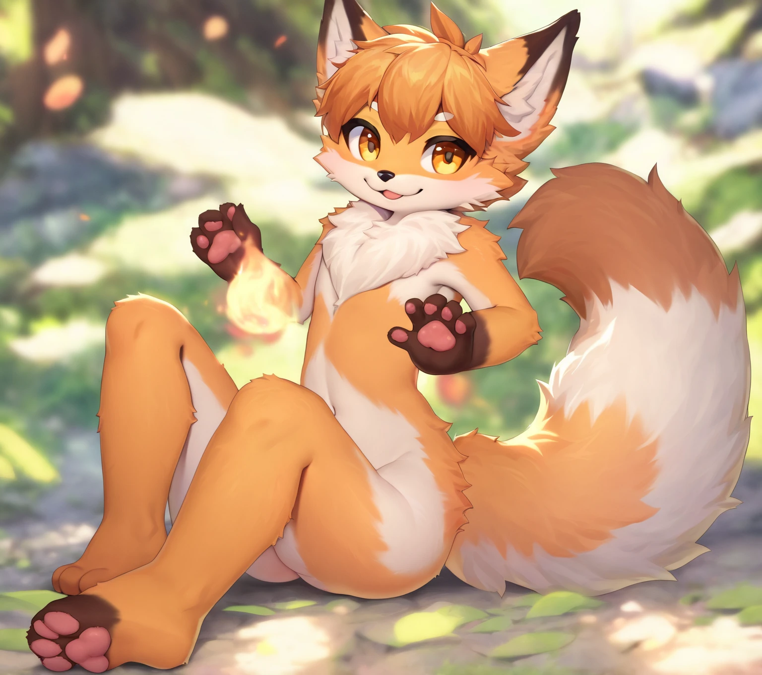 solo, female, cat, orange fur, black short messy hair, green eyes, nude, naked, no clothes, legs spread, cumming, wet fur, blushing, horny, fingering vagina, sitting on bench, in park, at night, star field sky, small breasts, thin body, curved thighs, knees raised, high quality, masterpiece,