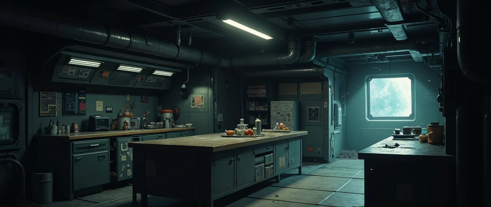 [[Background for anime]] A masterpiece, modern anime background inspired by 'Blame' and 'Vampire Hunter D Bloodlust'. A communal kitchen of a spaceship, spacious and spacious, with a metal floor. [[Low angle]] The environment is closed, with only one window on the right, the window reveals dark outer space. A large table in the center, a cozy and improvised kitchen with a sink, a small refrigerator with stickers stuck on it, retro style, spaceship kitchen. Old holographic projectors and pipes running along the walls. Dust particles float in the dim light. Metallic walls. 90s anime style, cel-shading, dramatic shadows, sci-fi vibe, inspired by "Vampire Hunter D" and "Blame!". 32k, high resolution, dark theme, gloomy atmosphere.