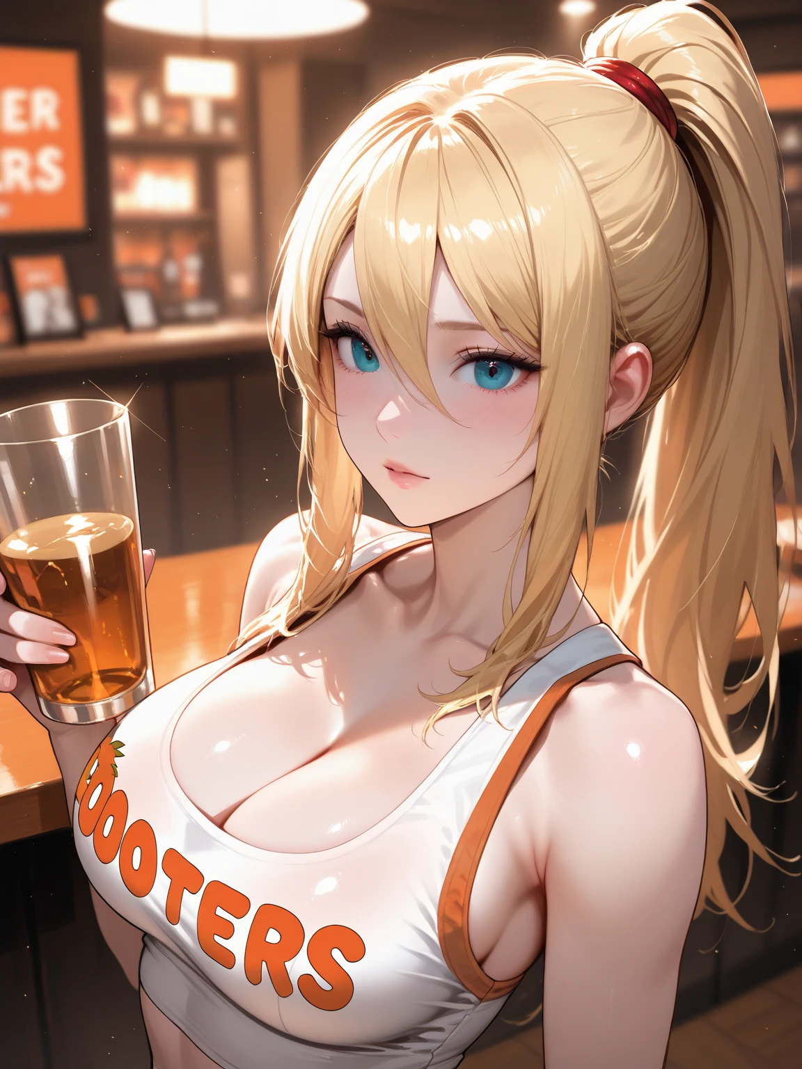 (highest quality:1.2), (Beautiful details:1.2),(Detailed eyes and skin), (Detailed facial features), Hmph, Perfect Style, Beautiful Face, Anatomically correct, Highly detailed face and skin texture, Shiny skin, Nanashi_yuzuriha, break (One girl:1.3), (alone), (Supermodel:1.2), Perfect Eyes, Symmetrical eyes, (Dramatic makeup: 1.3), (Heavy makeup: 1.3), (restaurant, waitress, Are standing, Holding a tray:1.2), (Tight fitting clothes:1.2), (Tight white tank top:1.5), (Wearing a white tank top over a naked body:1.2), (More Tangerine Orange Yoga Shorts:1.5), (Wear tangerine yoga shorts over pantyhose),(Owl print on tank top), (Planking neckline:1.2), Bare shoulders, (Perfect hands:1.2), (Molle Hand:1.2), Beautiful thighs, Highly detailed thighs, break (whole body:1.5), Fantastic and Hooters, Vibrant, Highly detailed background, (Hooters:1.3),Camel Toe、Giant tit、Nipple Puffs、Cleavage、Plump、Super big breasts、Super big butt、Hard erect large nipples、Large areola、Tight clothing、