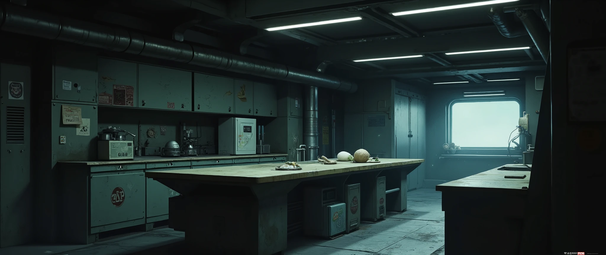 [[Background for anime]] A masterpiece, modern anime background inspired by 'Blame' and 'Vampire Hunter D Bloodlust'. A communal kitchen of a spaceship, spacious and spacious, with a metal floor. [[Low angle]] The environment is closed, with only one window on the right, the window reveals dark outer space. A large table in the center, a cozy and improvised kitchen with a sink, a small refrigerator with stickers stuck on it, retro style, spaceship kitchen. Old holographic projectors and pipes running along the walls. Dust particles float in the dim light. Metallic walls. 90s anime style, cel-shading, dramatic shadows, sci-fi vibe, inspired by "Vampire Hunter D" and "Blame!". 32k, high resolution, dark theme, gloomy atmosphere.