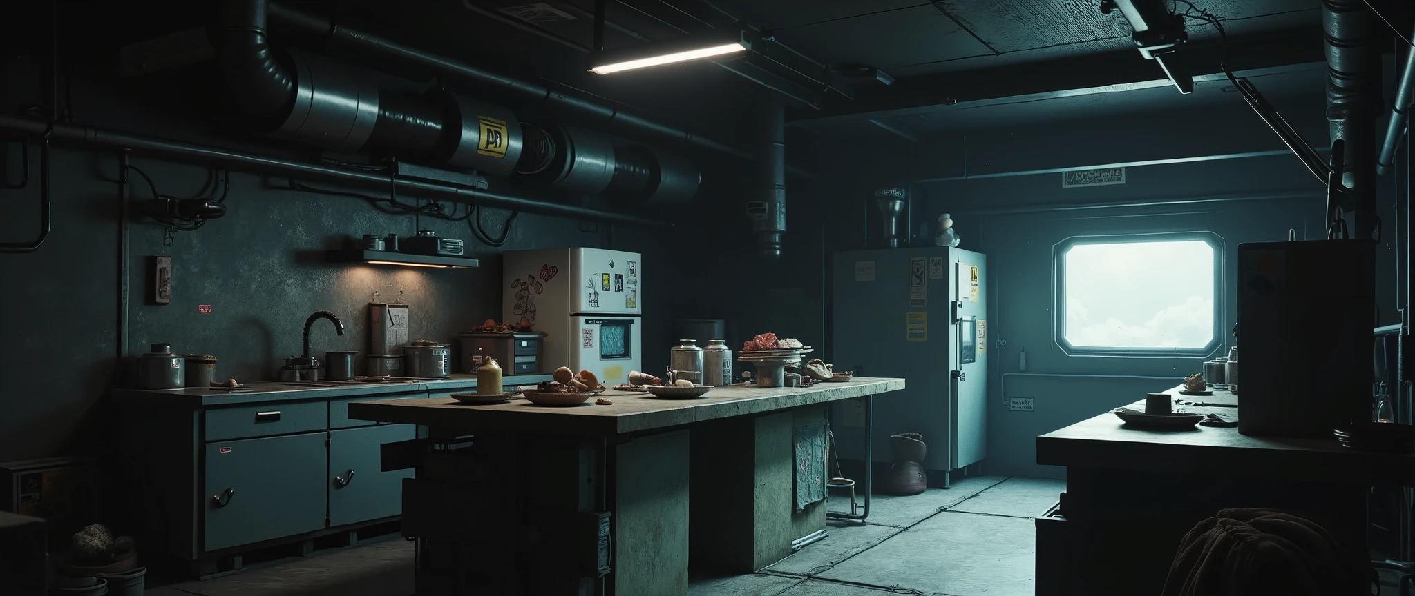 [[Background for anime]] A masterpiece, a modern anime background inspired by 'Blame' and 'Vampire Hunter D Bloodlust'. A communal kitchen on a spaceship, spacious and spacious, with a metal floor. [[Low angle]] The environment is closed, with only one window on the right, the window showing dark outer space. A large table in the center, a cozy and improvised kitchen with a sink with a metal faucet, on top of the table are dishes and food, all designed in a 90s anime style, a small refrigerator with stickers stuck on it, retro style, spaceship kitchen. Old holographic projectors and pipes running along the walls. Dust particles float in the dim light. Metallic walls. 90s anime style, cel-shading, dramatic shadows, sci-fi vibe, inspired by "Vampire Hunter D" and "Blame!". 32k, high resolution, dark theme, gloomy atmosphere.