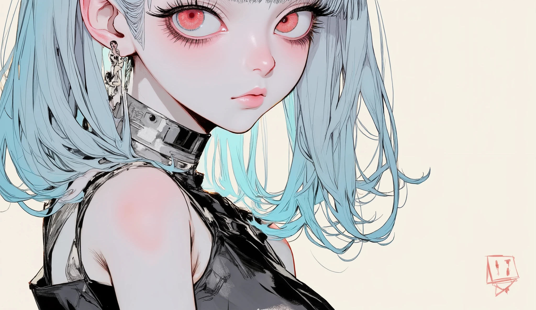 nipple,high quality, masterpiece, anatomically accurate, accurate, best quality, high quality model, high details, Tim Burton style, anatomically correct, one girl, movie scene, android, science fiction, 70s cinematography, science fiction, does not contain adult content, white body, professional drawing techniques, short bob with light blue hair, red eyes, Girls in 60s science fiction movies,