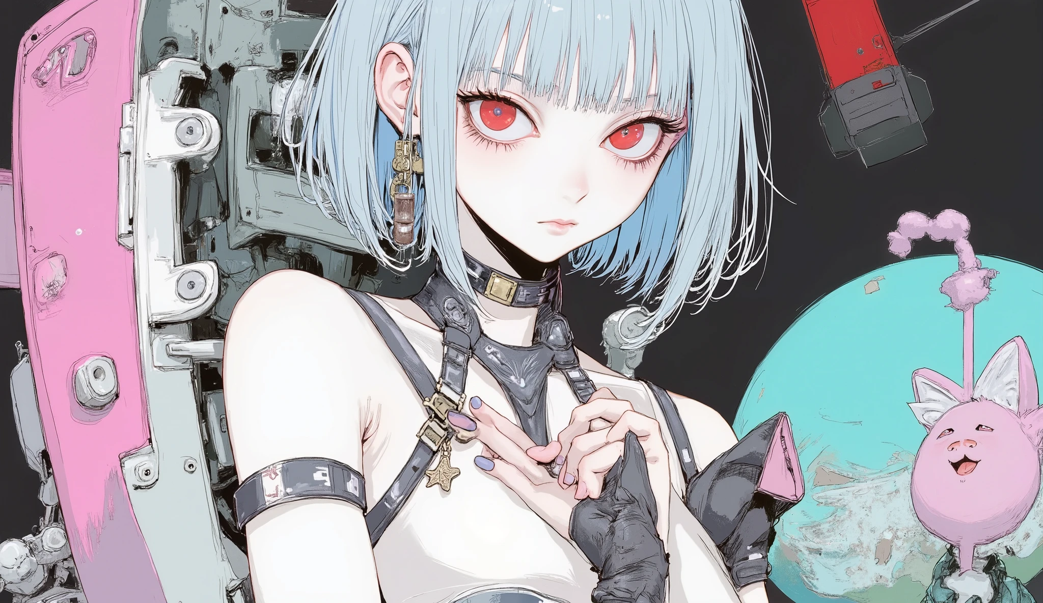 nipple,high quality, masterpiece, anatomically accurate, accurate, best quality, high quality model, high details, Tim Burton style, anatomically correct, one girl, movie scene, android, science fiction, 70s cinematography, science fiction, does not contain adult content, white body, professional drawing techniques, short bob with light blue hair, red eyes, Girls in 60s science fiction movies,