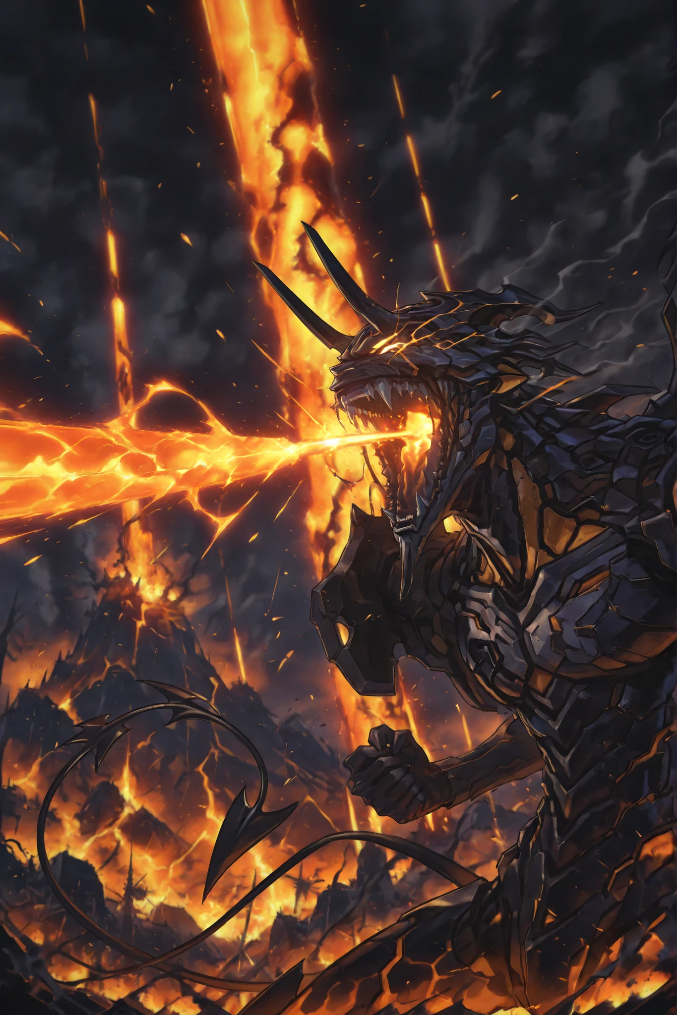 angry,(very detailed:1.2, Masterpiece:1.2, PREMIUM QUALITY:1.2, high resolution on the coast:1.2), 1demon, demon, demon horn, demon wing, demon tail, lava demon, lava body, fangs, burning forest, volcano, lava, black smoke, smoke, eye trail, roaring, shouting, shaded face, glowing eyes, open mouth, beam, hyper beam, orange beam, energy beam, silhouette, A beam comes out of the mouth, beam out of mouth