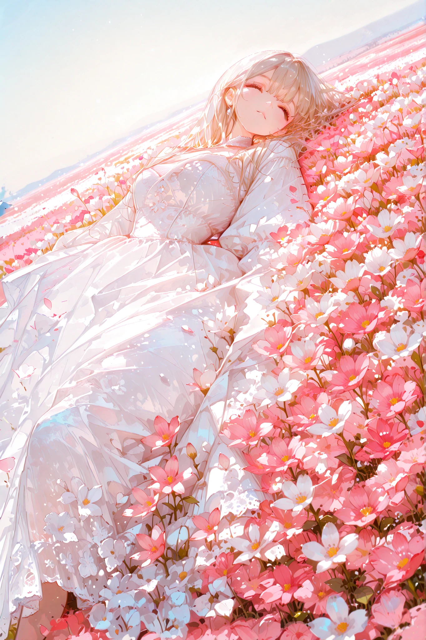Premium Quality, fine detail, Perfect Resolution, Beautiful Woman, White Dress with Lace, Elegant Silhouettes, Spring Field, Blooming Wildflowers, Soft Natural Light, Petals scattered, Clear Sky , Romantic Atmosphere, Warm colors