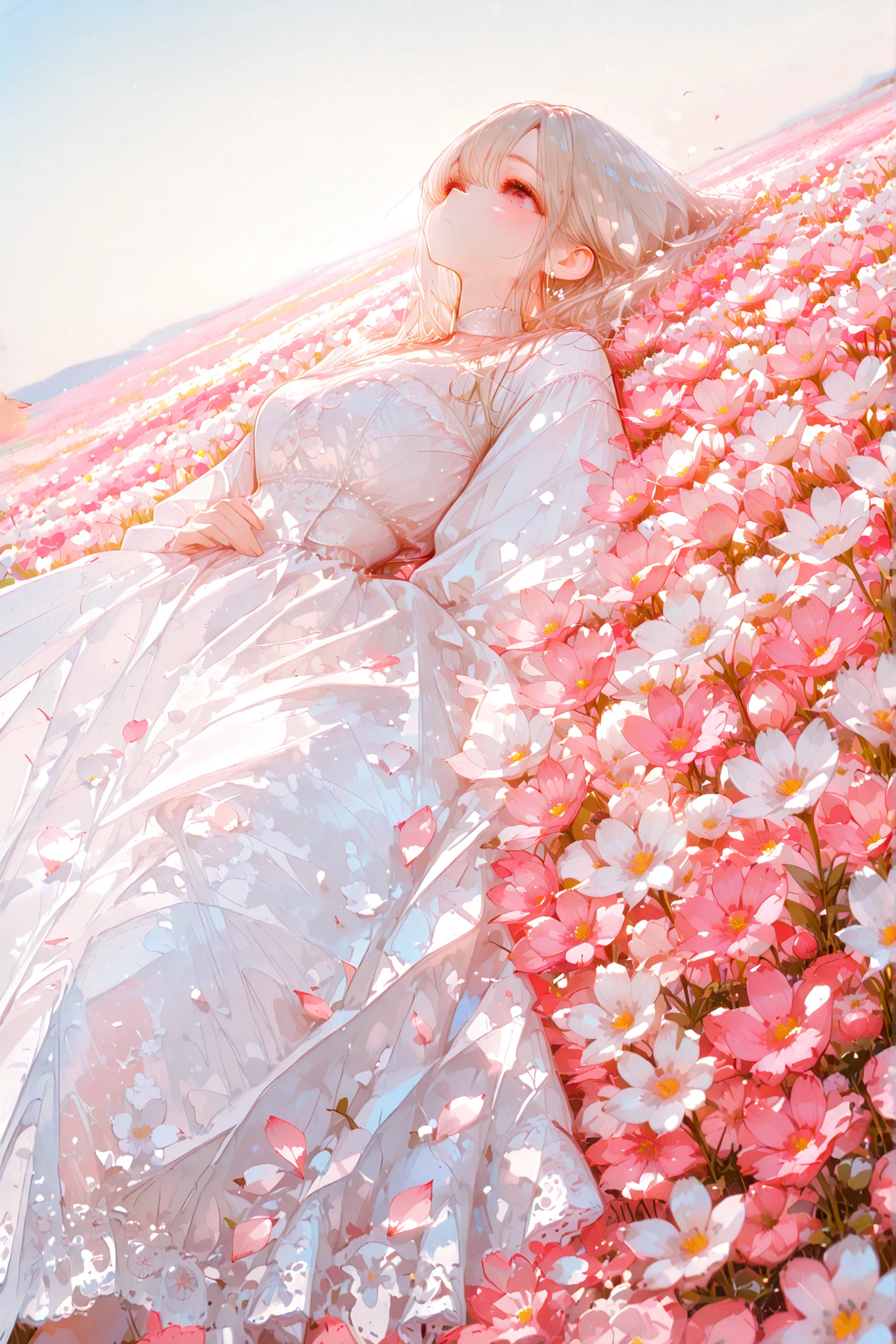 Premium Quality, fine detail, Perfect Resolution, Beautiful Woman, White Dress with Lace, Elegant Silhouettes, Spring Field, Blooming Wildflowers, Soft Natural Light, Petals scattered,  Clear Sky , Romantic Atmosphere,  Warm colors 