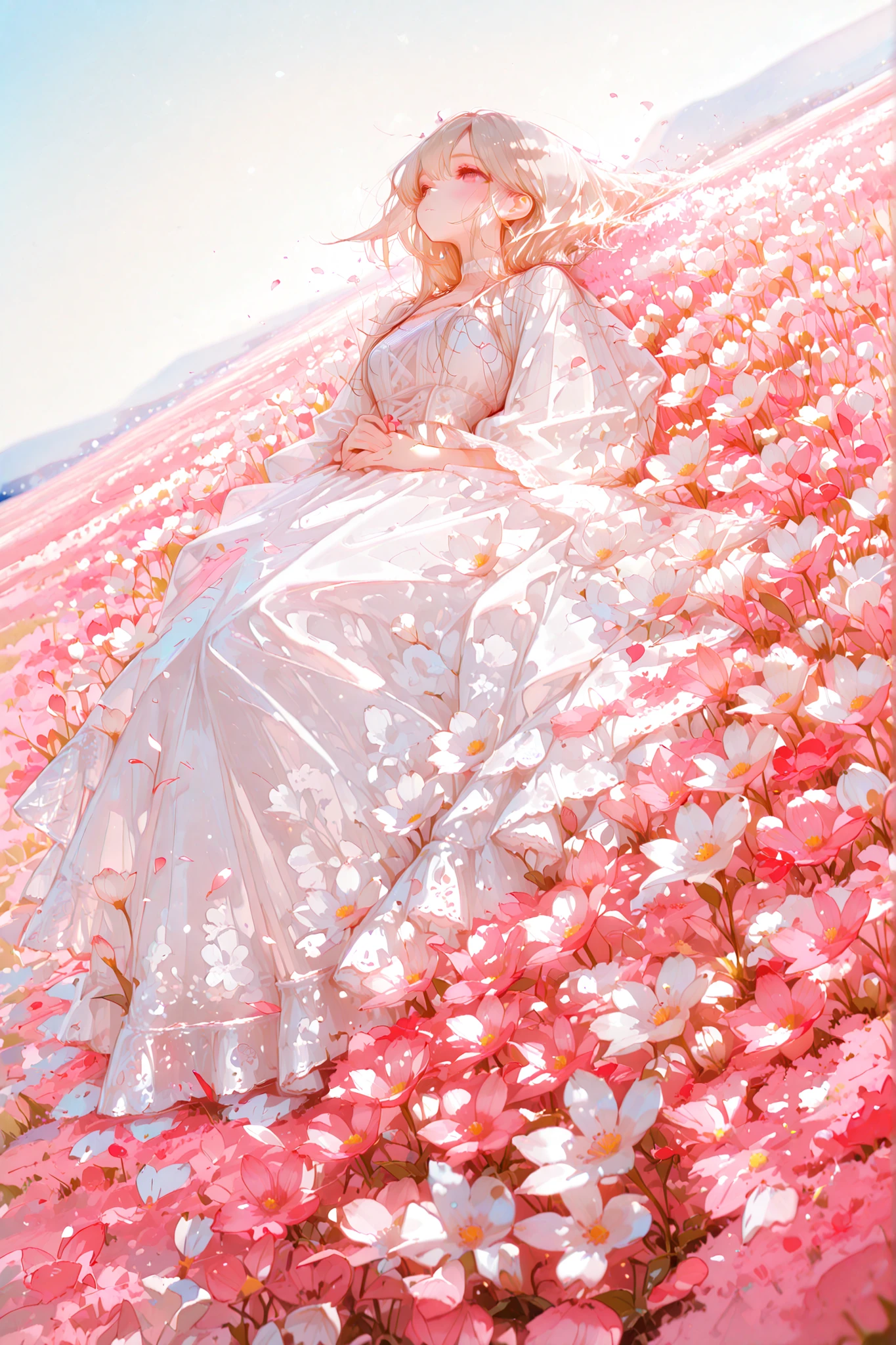 Premium Quality, fine detail, Perfect Resolution, Beautiful Woman, White Dress with Lace, Elegant Silhouettes, Spring Field, Blooming Wildflowers, Soft Natural Light, Petals scattered, Clear Sky , Romantic Atmosphere, Warm colors