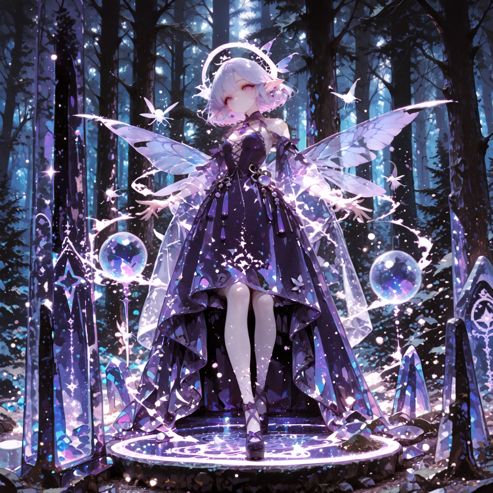 super high resolution, Superb Quality, RAW photos, Fairy Elf Witch, Purple Gradation Head, Sleek Features, Embroidered Magic Gown, Crystal Ball Necklace, Magic Light, Ancient Magic Circle, Mysterious Mist, Magical Particles, Forest Altar with Moonlight, Floating Magic Tools