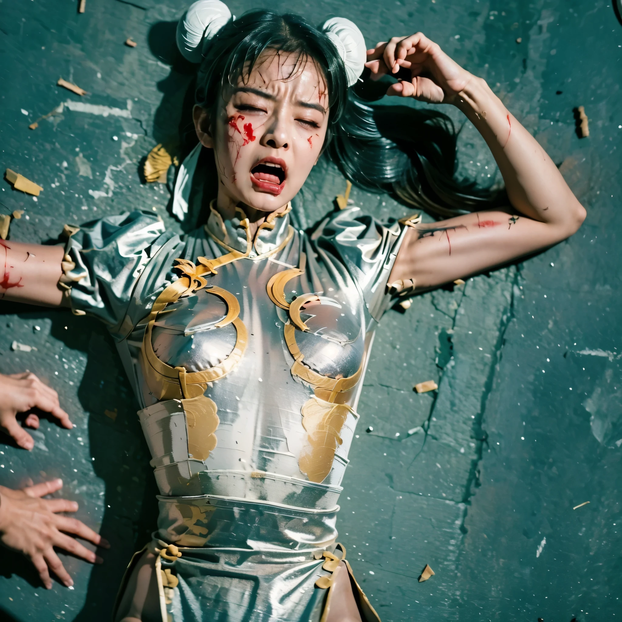 I'm in agony after being attacked on my abdomen(I'm facing up unintentionally due to pain), screaming, expression of agony, ryona, damaged, hurts, nagging behind, tragic tone, Sweat and blood are flying, Chun Li (silver costume), hyper real, photo real, Realistic, Movie Lights, 1 girl,