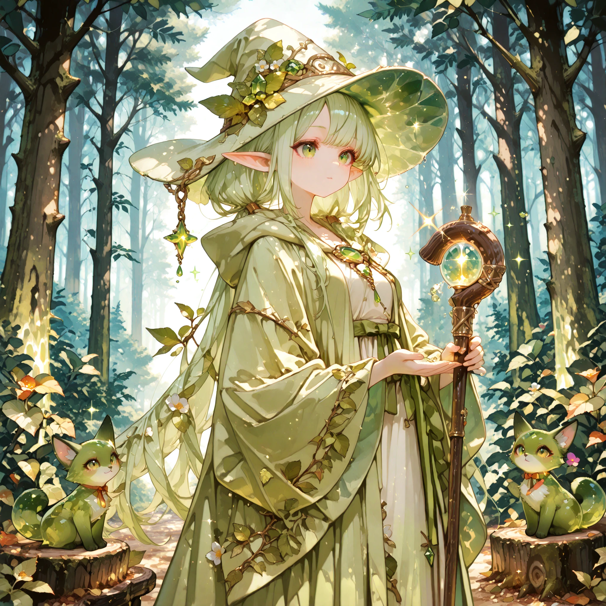 Superb Quality, Perfect Details, 8K resolution , Natural Elf Witch, Head Decorated with Flowers and Leaves, emerald eyes, Natural Linen Robe, wooden cane, Healing Magic, Forest Spirits, Sparkling Magic Powder, Sacred Ancient Forest, Warm Magical Light