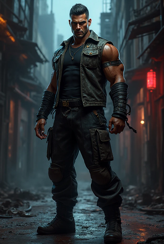 barret, dark skin male with gun arm and tattoo, sunglasses,  , (( Machine  )) , full body , black boots