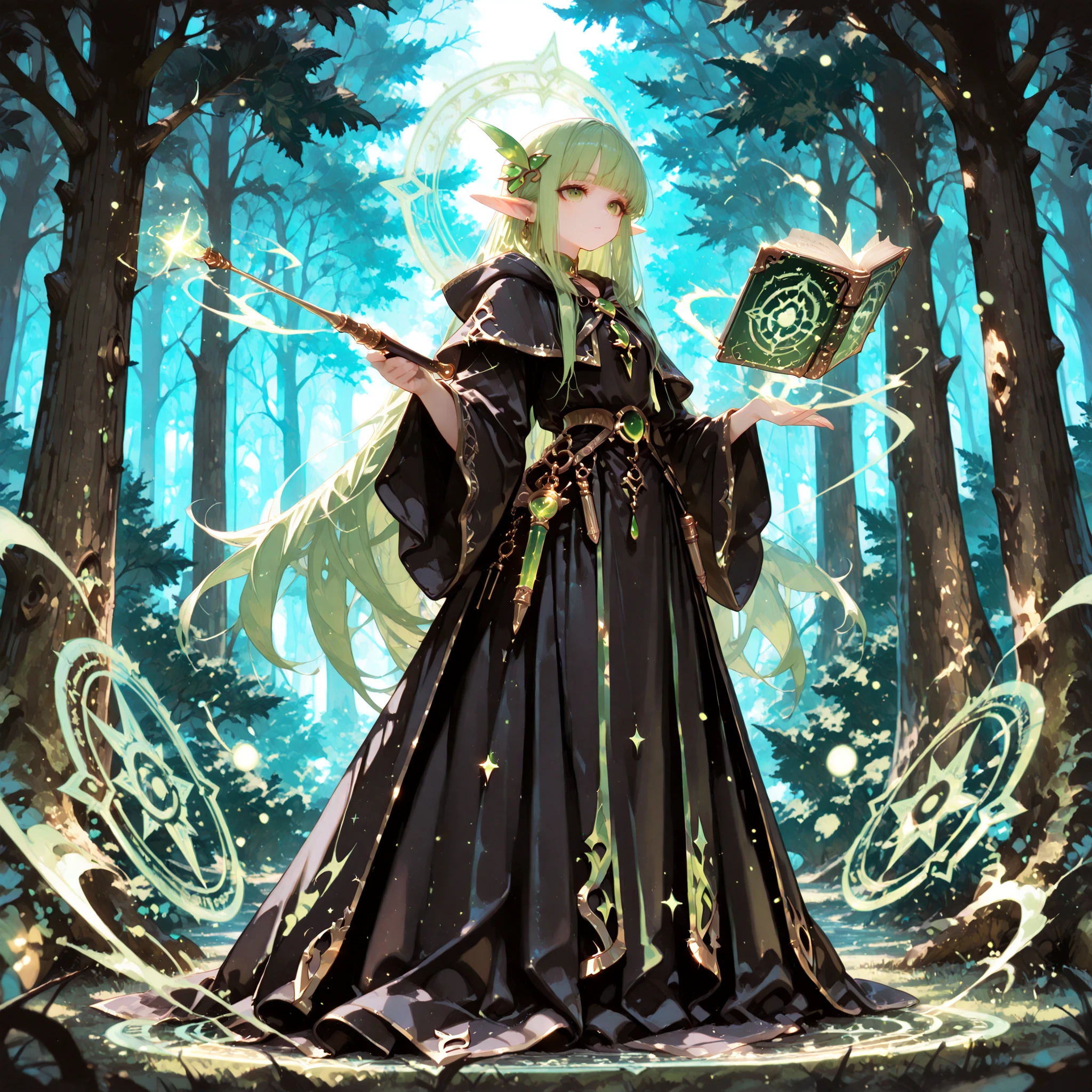 best quality, masterpiece, Perfect Details, beautiful elf witch, long pointed ears, mysterious green eyes, has long silvery hair, Black Wizard's Robe, Gold Jewelry, Magic Wand, Floating Magic Circle, Ancient magic book, Magical Forest , under the moonlight, Shining Magical Effects, mystical atmosphere, Old trees