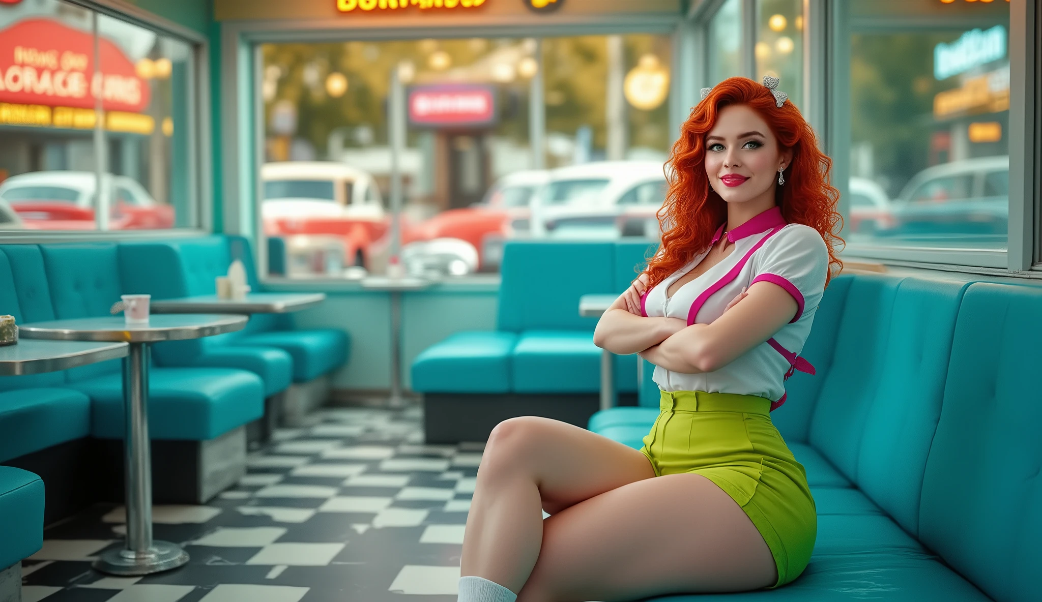 a full-bodied red-haired woman, com cabelo cacheado, waitress uniform, white blouse with magenta trim , short and  lime green shorts,  ankle-length white socks , lime green patent leather high heel shoes, sentada, cintura fina, lips with lipstick , hair tidy with a butterfly-shaped knot scarf, with a  and mischievous smile, em: um (((bright blue plastic-lined high-heeled shoes {x} all-colored meeting bar bright blue sofas with plastic lining, jukebox, in the huge window you see cars from the 50s, a 50s cartoon TV promo, prehistoric-themed retro diner fast food chain, 50s retro aesthetic, checker floor))), Young audience at the restaurant, (melhor qualidade, 4k, 8k, high resolution, obra-prima: 1.2), ultra detalhado, (realista, fotorrealista, fotorrealista: 1.37), highly detailed facial features, extremely detailed eyes and face, beautiful and detailed eyes, beautiful and detailed lips, long lashes, detailed 1950s snack bar uniform, detailed lime green shorts, white socks and detailed sneakers, warm lighting, cores vivas, cinematographic composition, (((fotorrealista, professional photographic studio, estilo editorial, ultrarealista, fotografico, cinematic, 8K))) o (((background is predominantly fluorescent purple))), dia de sol, very bright and contrasting