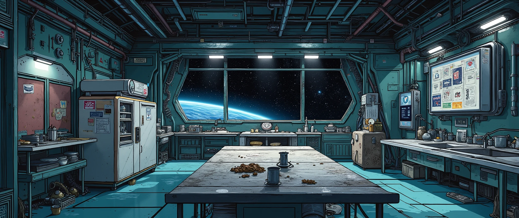 [[Background for anime]] A masterpiece, a modern anime background inspired by 'Blame' and 'Vampire Hunter D Bloodlust'. A communal kitchen on a spaceship, spacious and spacious, with a metal floor. [[Low angle]] The environment is closed, with only one window on the right, the window showing dark outer space. A large, flat-topped table with four legs in the center, a cozy, improvised kitchen with a sink with a metal faucet, on top of the table are dishes and food, all designed in a 90s anime style, a small refrigerator with stickers stuck on it, retro style, a spaceship kitchen. Old holographic projectors and pipes running along the walls. Dust particles float in the dim light. Metallic walls. 90s anime style, cel-shading, dramatic shadows, sci-fi vibe, inspired by "Vampire Hunter D" and "Blame!". 32k, high resolution, dark theme, gloomy atmosphere.