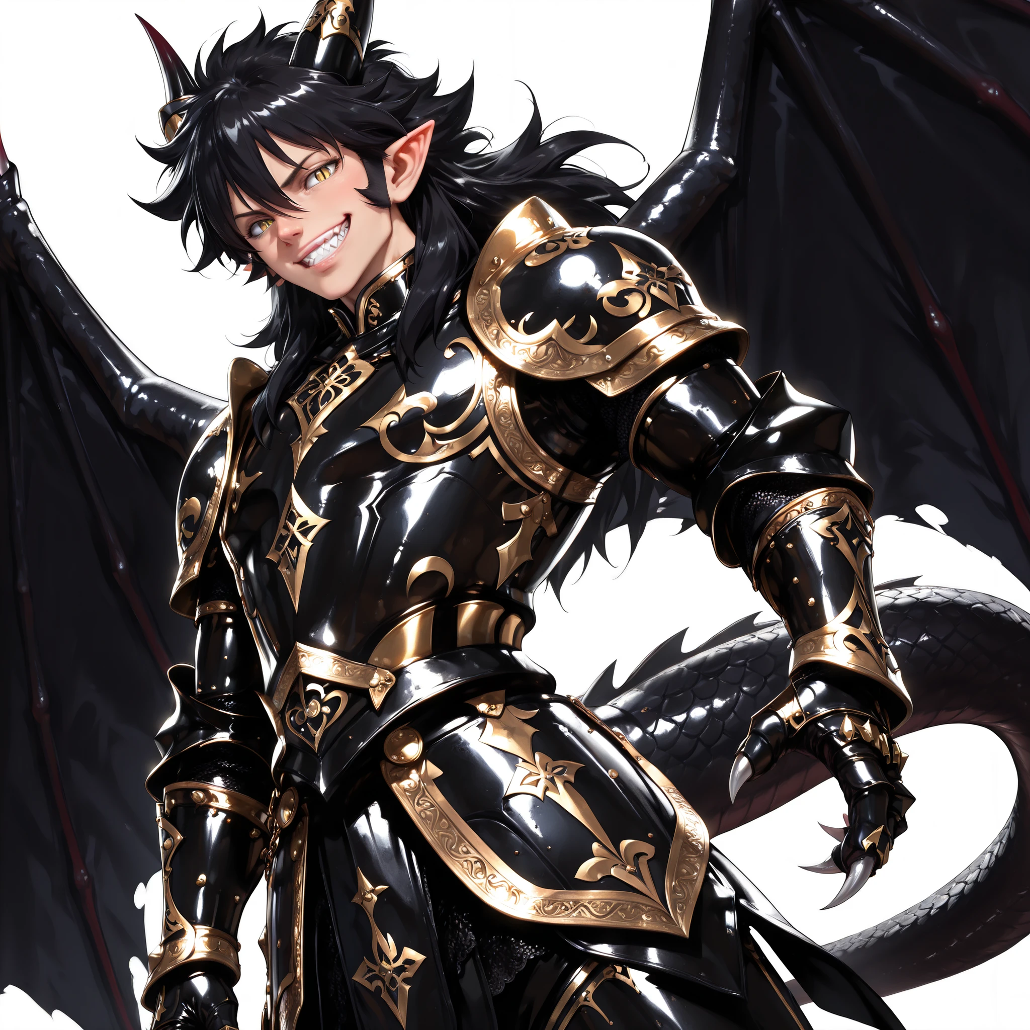 score_9, score_8_up, score_7_up, absurdres, (((128K Ultra High Resolution))), (masterpiece, best quality: 1. 5), (high definition: 1, 4), (highres), 8K wallpaper, (excellent graphics: 1. 5), CG, (((Japanese Anime style))), (Black Saint Seiya), (1 male), solo, ((lean body, masculine))), weredragon, glossy black, shiny black leather, (((beautiful golden eyes, finely detailed eyes, bright eyes, slit pupils)), (hair between eyes, black hair, long hair, sideburns, wild hair), (sly grin, sinister grin, smirk: 1. 3), ((teeth)), confident, (((ultra detailed face))), shiny skin, long pointy ears, twisted torso, long-legged, sculpted face, wasp waist, ((dragon horn, dragon tail, dragon wings, dragon sharp claws)), (black armor with a lot of grandiose decorations: 1. 5), half dragon half human, (dramatic angle, dynamic pose: 1. 5), (ultra detailed black armor, well-polished black armor: 1. 5), (gold-adorned armor: 1. 5), all black outfit, (((cowboy shot))), sharp focus, good-looking man, (best illustration, highly detailed artwork: 1. 5), (cinematic, dramatic lighting: 1. 5), (intricate detail, extreme detailed, super detailed: 1. 5), chiseled features, (stark contrast, heavy shadows: 1. 3), (((detailed black decorations))), (beautiful & aesthetic), photoreal, ((from side)), (mysteriously crafted black metal armor: 1. 5), thick & luxuriant hair, (ultra detailed fantasy black armor, wonderful black armor: 1. 5), (((realistic metal texture))), broad shoulder, true-to-life visuals, artistically refined, (extremely delicate & beautiful armor, elaborate armor details: 1. 5), (giant black armor, dark armor, stylized armor: 1, 5), (extremely detailed armor with intricate engravings, intricate armor with gold ornaments: 1. 5), ((very gorgeous and dazzling)), (dark fantasy black knight: 1. 5), slim waistlines, wide chested, sinewy body, (Hyper Detailed & Perfectly Designed Black Armor: 1. 5), ((simple white background))