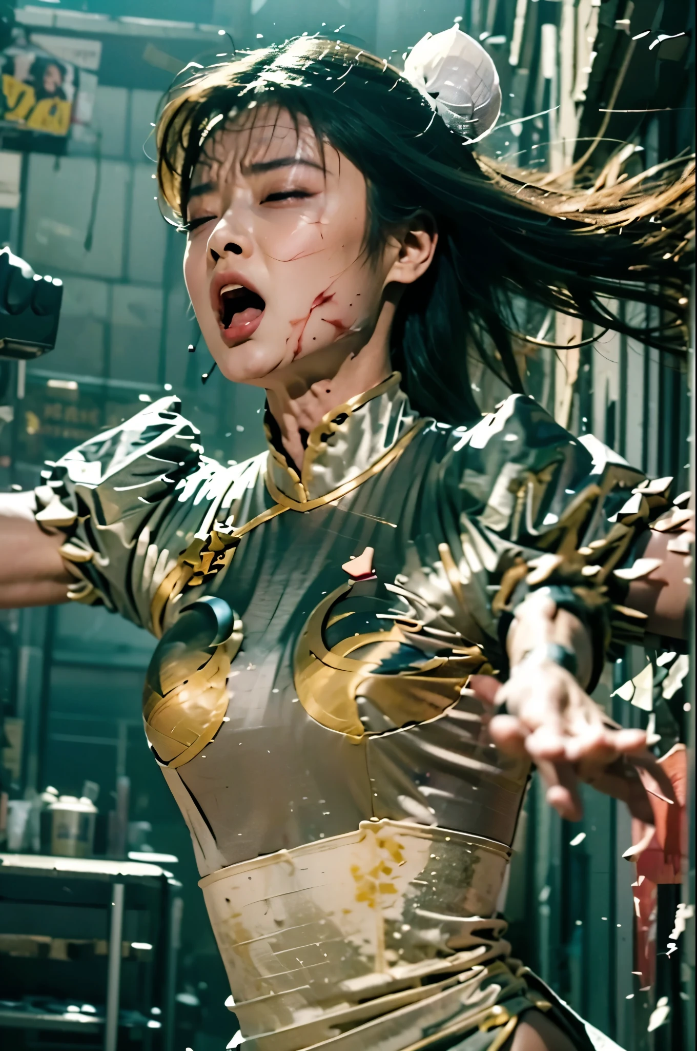 攻撃を喰らって後ろにand has been blown away(My body is floating in the air due to the impact), I'm screaming in pain, expression of agony, ryona, damaged, hurts, and has been blown away, tragic tone, Sweat and blood are flying, Chun Li (silver costume), hyper real, photo real, Realistic, Movie Lights, 1 girl, masterpiece, KO, long hair, The body that floated in the air in a large shape, pelvic curtainが上に大きく捲れて銀色のレオタードが見えている, torn costume